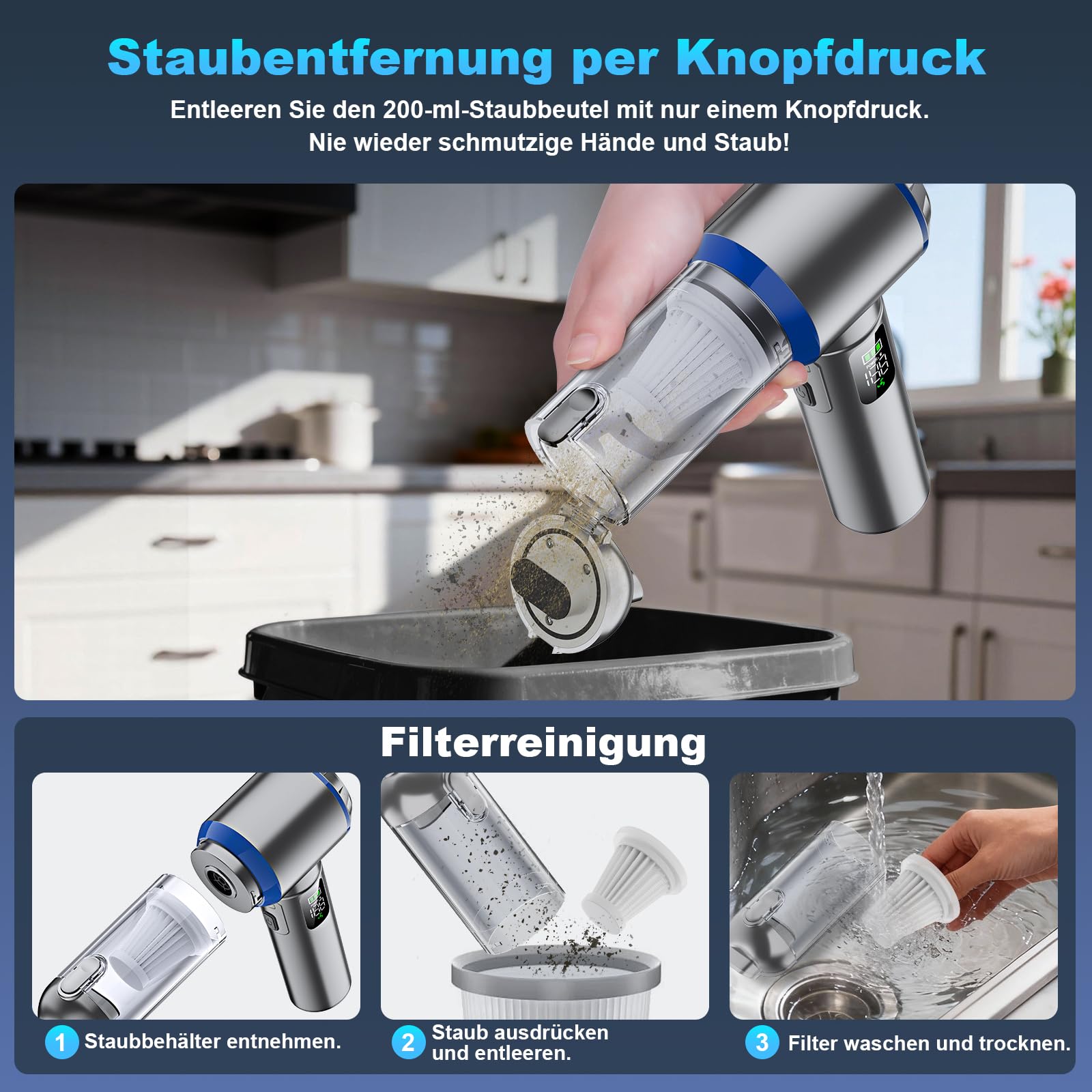 Handstaubsauger Akku, 4-in-1 Handstaubsauger, 32000PA Auto Staubsauger Stark, Handstaubsauger Auto, 3-Gang 300000 U/min Staubsauger, Bürstenlosem Motor, LCD Display Autostaubsauger, für Auto, Büro
