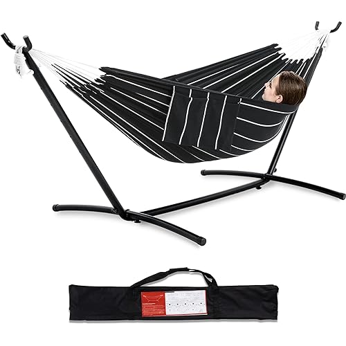 PNAEUT Double Hammocks with Stand for Outside, Portable Space Saving Heavy-Duty Steel Stand for Indoor Outdoor Patio with Carrying Bag, 450 lbs Capacity (Chasm)