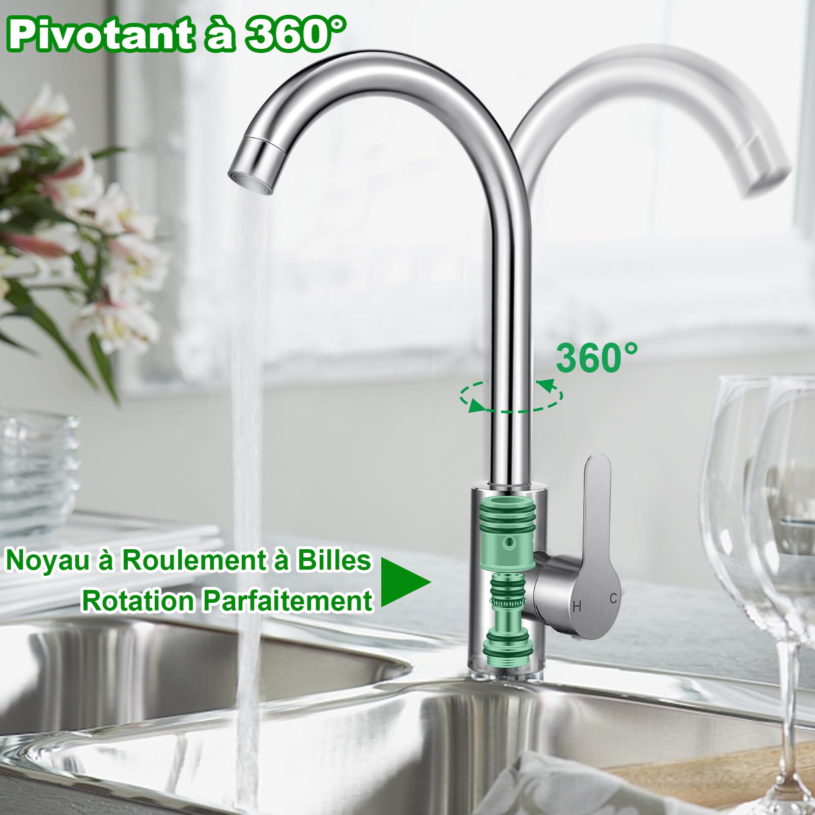 Mitigeur Cuisine Acier Inox Bec Pivotant 360° Monocommande Tuyau Flexible G3/8 x M10
