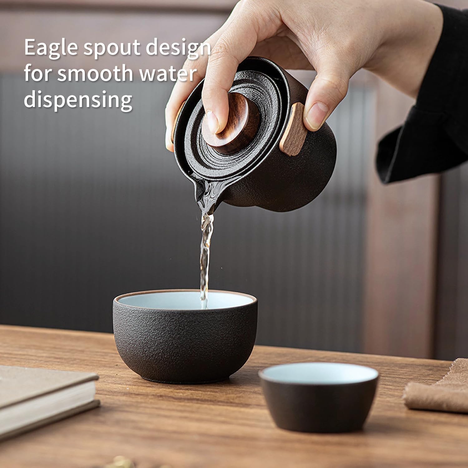 Portable Teapot Set, Portable Kung Fu Tea Set Mini Traveling Chinese Ceramic Teapot with 3 Cups All in One Travel Bag - Ideal for Travel Camping Picnic - Image 3