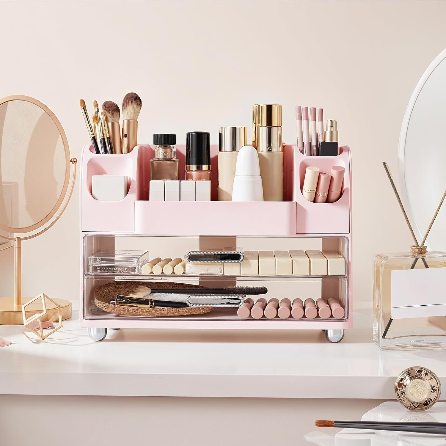 Makeup Organizer for Vanity Countertop with 2 Large Drawers, Spacious Display Cabinet, Partitioned Top Compartment 6 Brush Holders - Pink Beauty Storage Solution