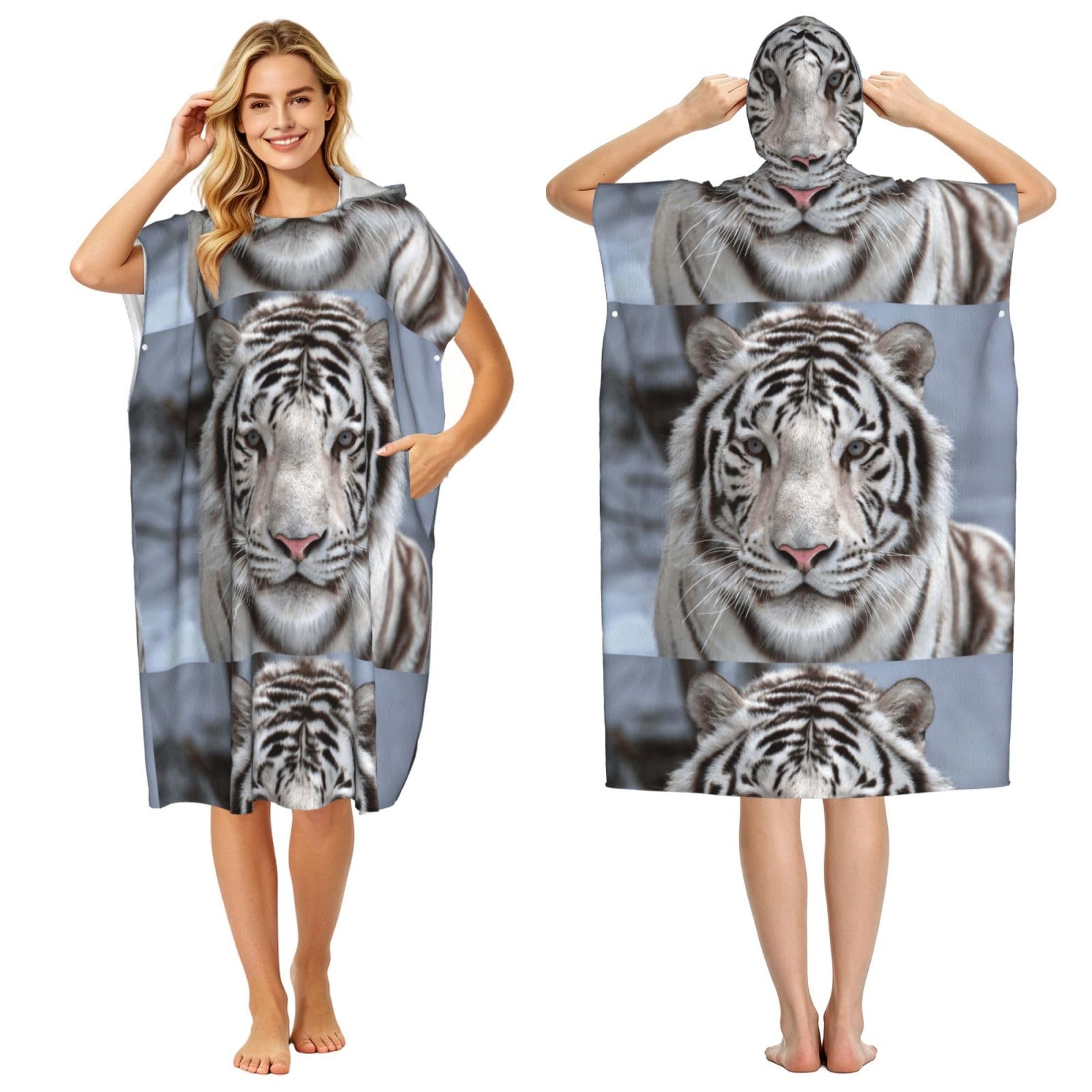Poadnly White Tiger, Adult Hooded Beach Towel 90 x 110 cm,Changing Bath Robe, Surf Poncho Towel For Women Men