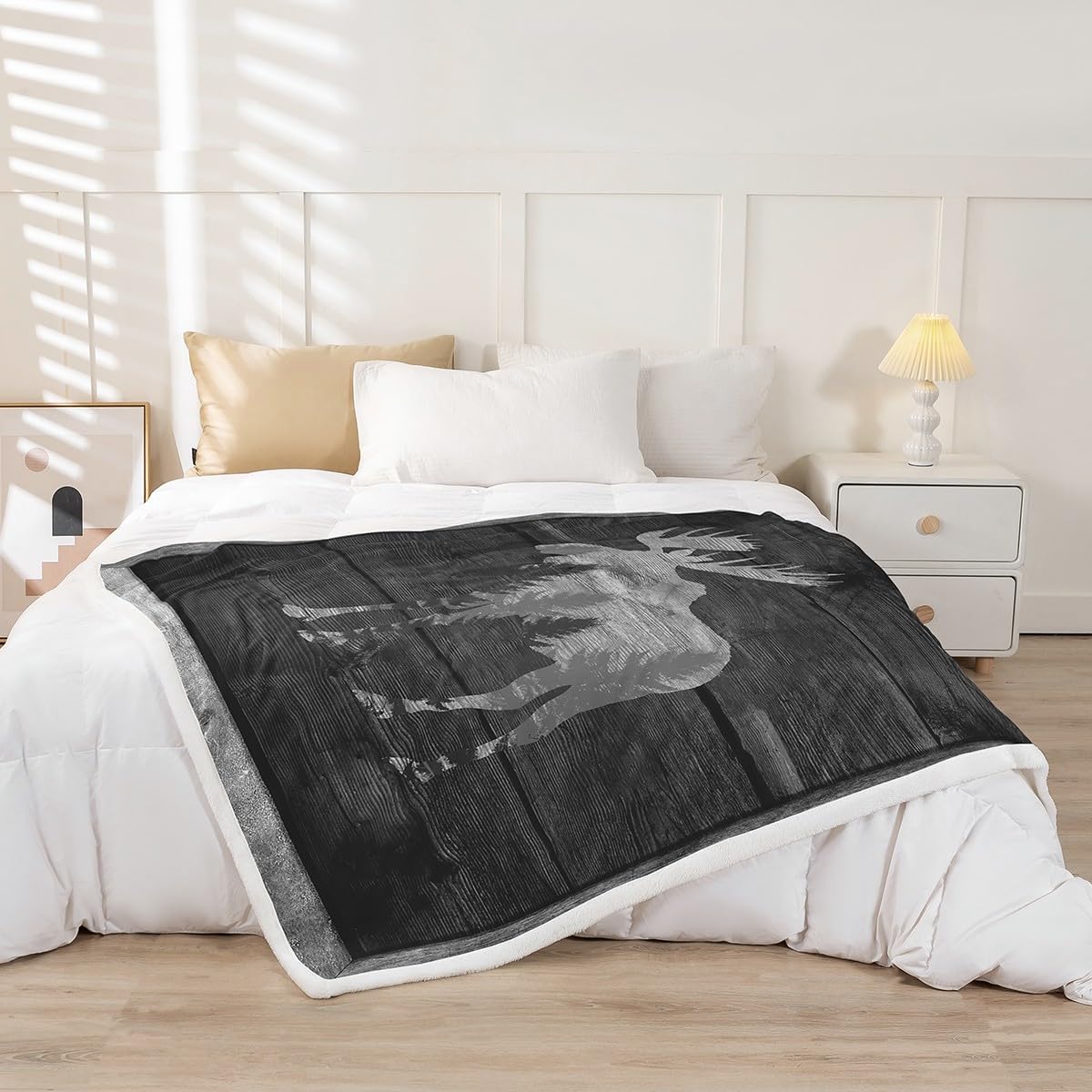 Castle Fairy Moose Cabin Throw Blanket Wild Animal Jungle Pine Trees Silhouette Fleece Blanket for Kids Teens Adults Gray Wooden Stripes Grid Rustic Fuzzy Blanket for Housewarming Queen