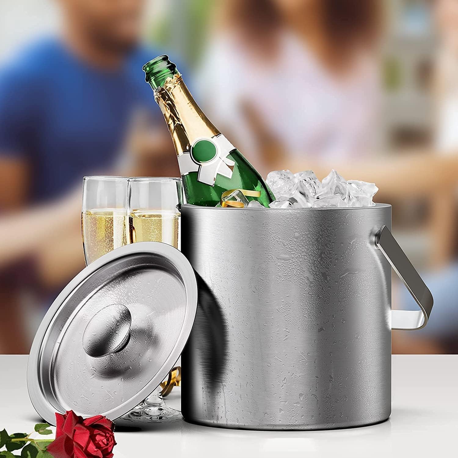 Seau à Glace Isotherme Double Paroi en Acier Inoxydable avec Couvercle Ustensiles pour Bar et Vin (3L)