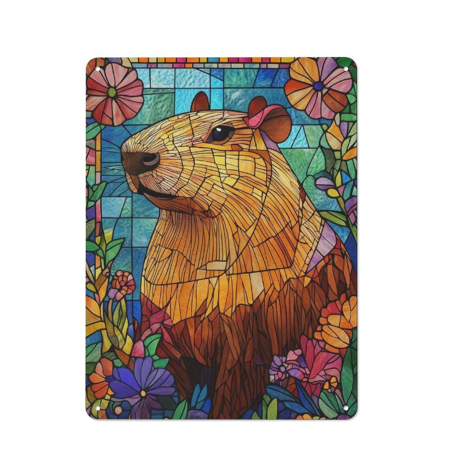 Stained Glass Capybara Retro Metal Wall Decor 40x30cm, Tin Wall Sign for Bakery, Diner, Cafe Or Family Room