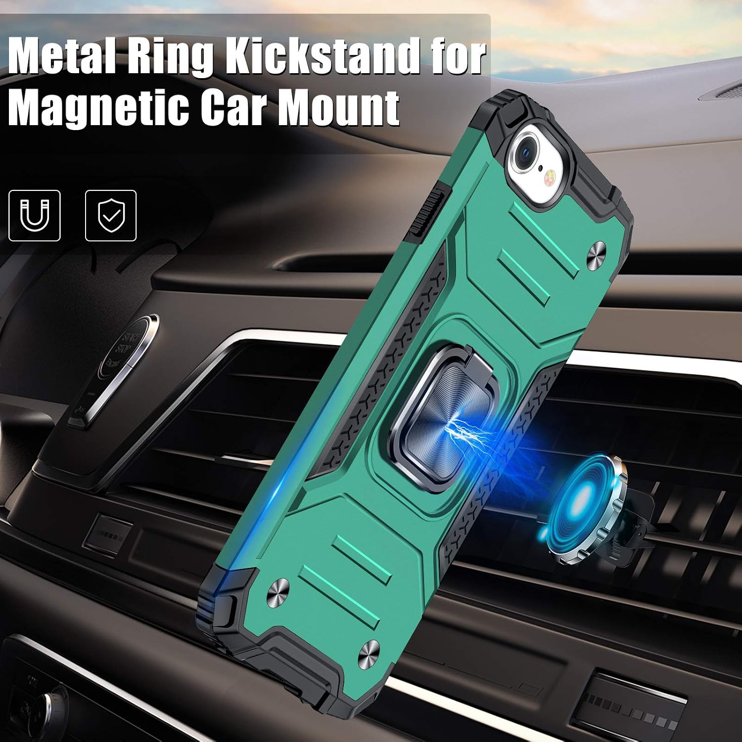 JAME Case for iPhone SE 2022/2020 Case with Tempered-Glass Screen Protector 2Pcs, for iPhone 8 Case, for iPhone 7 Case, for iPhone 6s Case, Military-Grade Protection, with Ring Kickstand, 4.7” Green