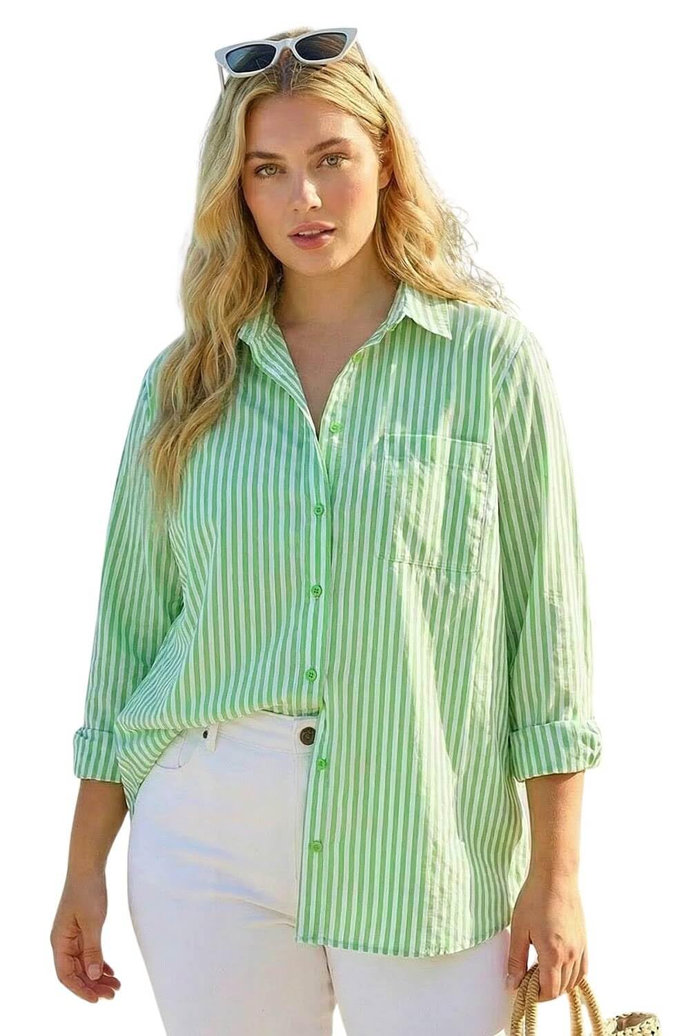 Roman Curve Women's Green Stripe Buttoned Shirt Size 20