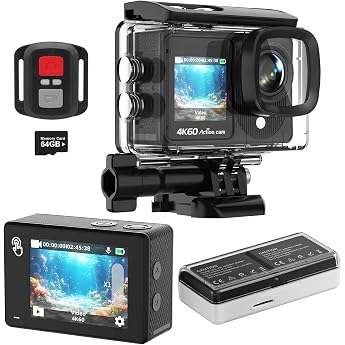 Touchscreen 4K60FPS Action Cam with 64G Card 40M Underwater Camera 48MP HD WiFi Camera with Ice 8X Zoom Waterproof Action Cameras Wide Angle Sports Camera with 2 x 1350 mAh Batteries