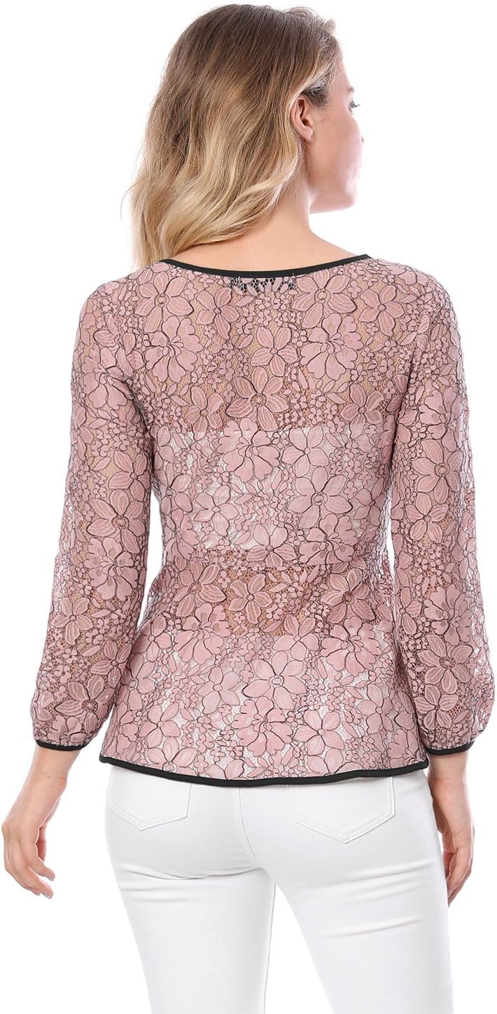 Allegra K Women's Elegant Tie Waist Long Sleeve Top Lace Peplum Blouses - Image 5