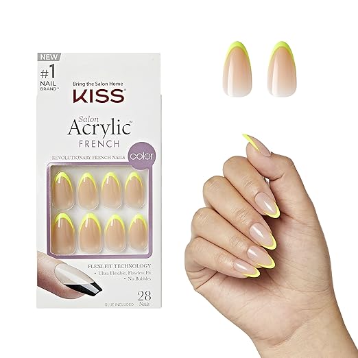 KISS Salon Acrylic, Press On Nails, Nail glue included, 'Hype', Light Neon Yellow, Medium Size, Almond Shape, Includes 28 Nails, 2G Glue, 1 Manicure Stick, 1 Mini File