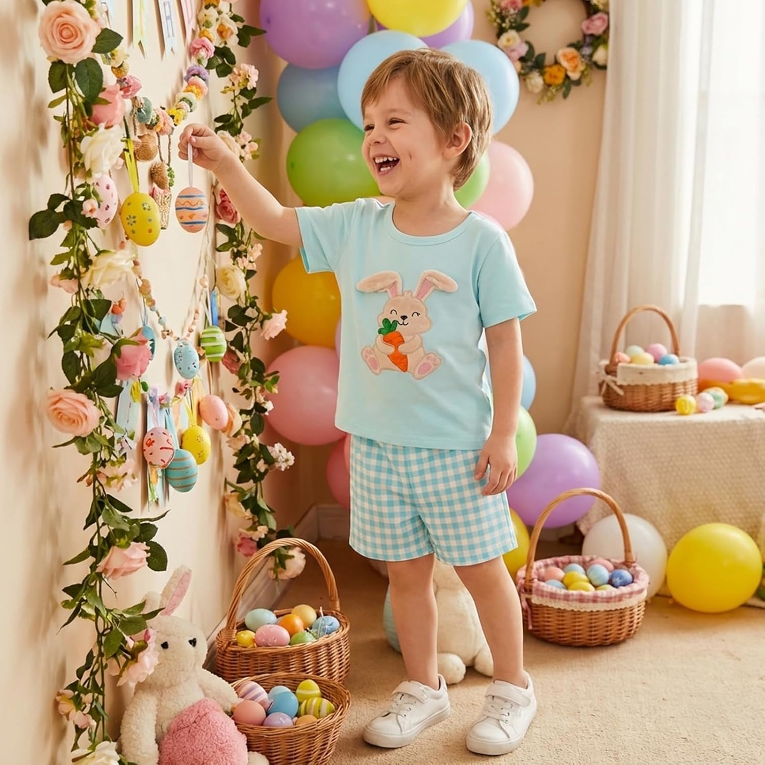 Toddler Baby Boy Easter Outfit Bunny Embroidered Short Sleeve T-Shirt Tops Plaid Shorts 2pcs Set Cute Infant Clothes - Image 3