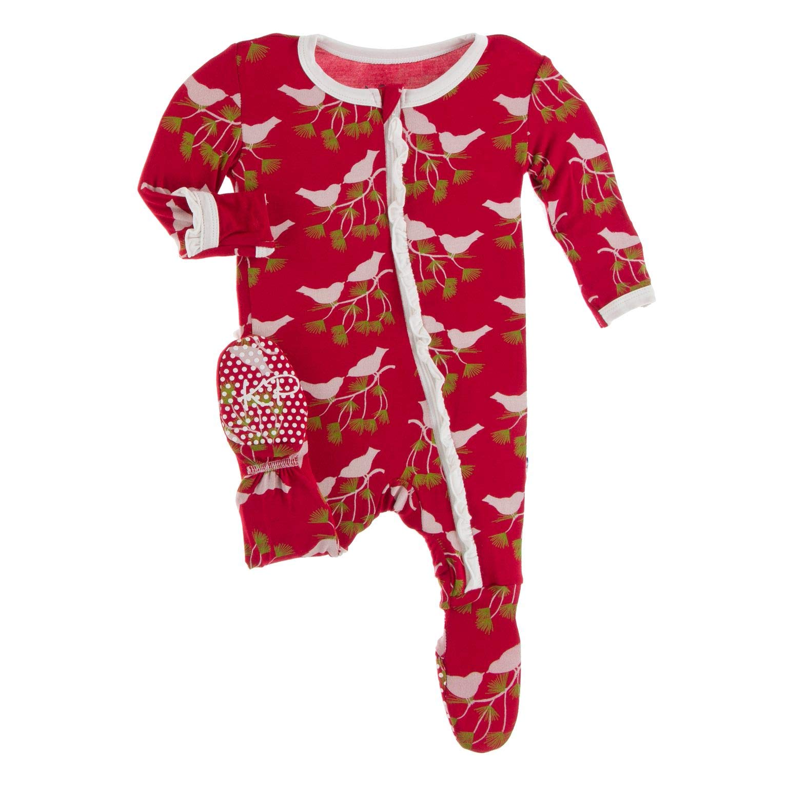 KicKee Print Classic Ruffle Footie with Zipper Sleepwear, One Piece Baby Bodysuit, Girl Baby Clothes, Baby Footies Pajamas (Crimson Kissing Birds - Newborn)