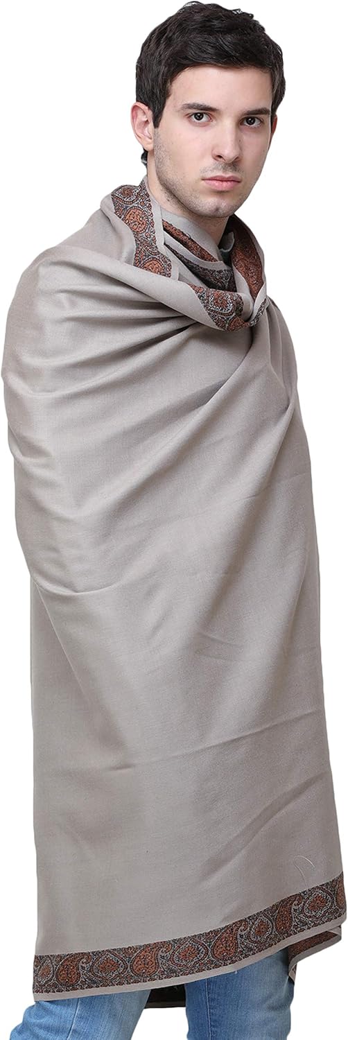 Exotic India Plain Men's Shawl with Brown Woven Border - Pure Wool