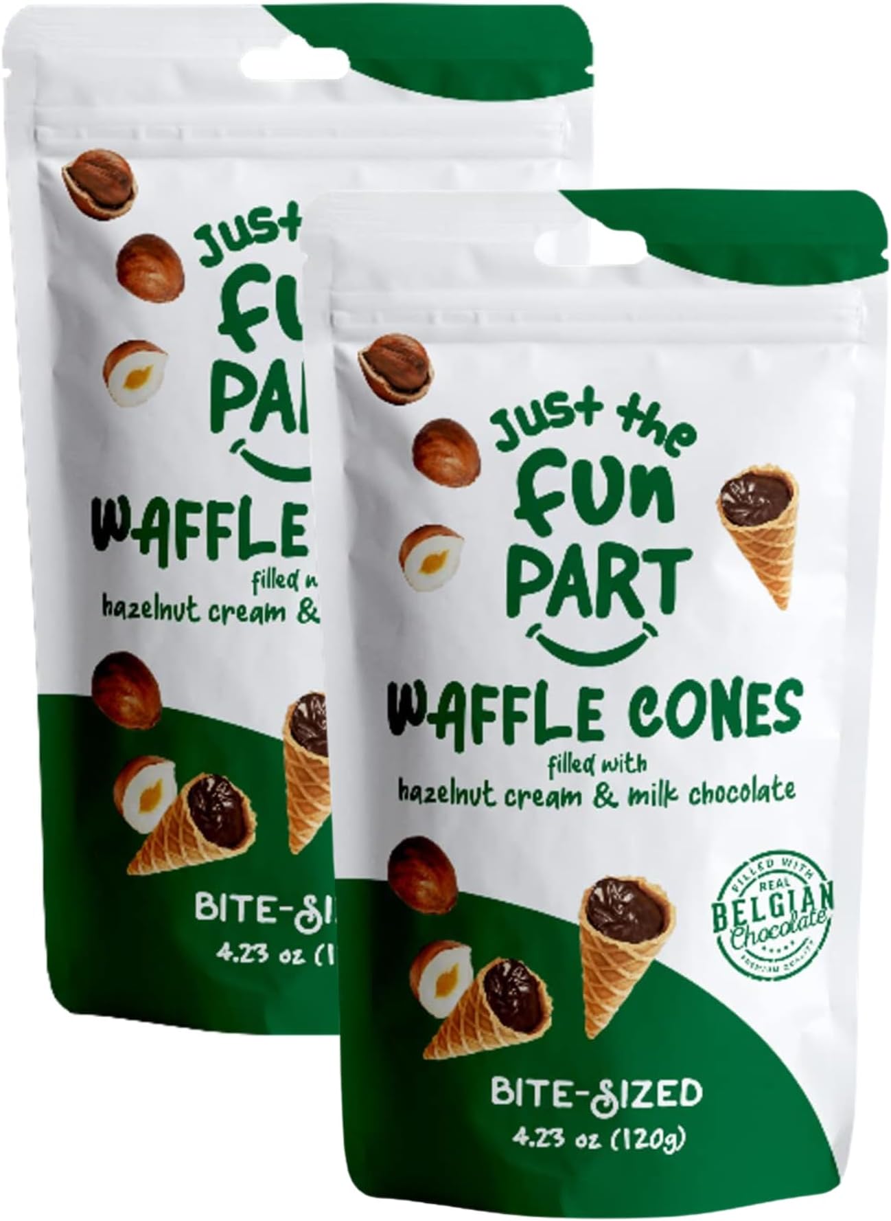 Just The Fun Part | Bite-Size Crispy Mini Waffle Cones | Filled With Premium Belgian Chocolate | Great For Snacks, Desserts, Grab & Go | Kosher | 4.23 Ounce (Pack of 2, Hazelnut Cream, Milk Chocolate)