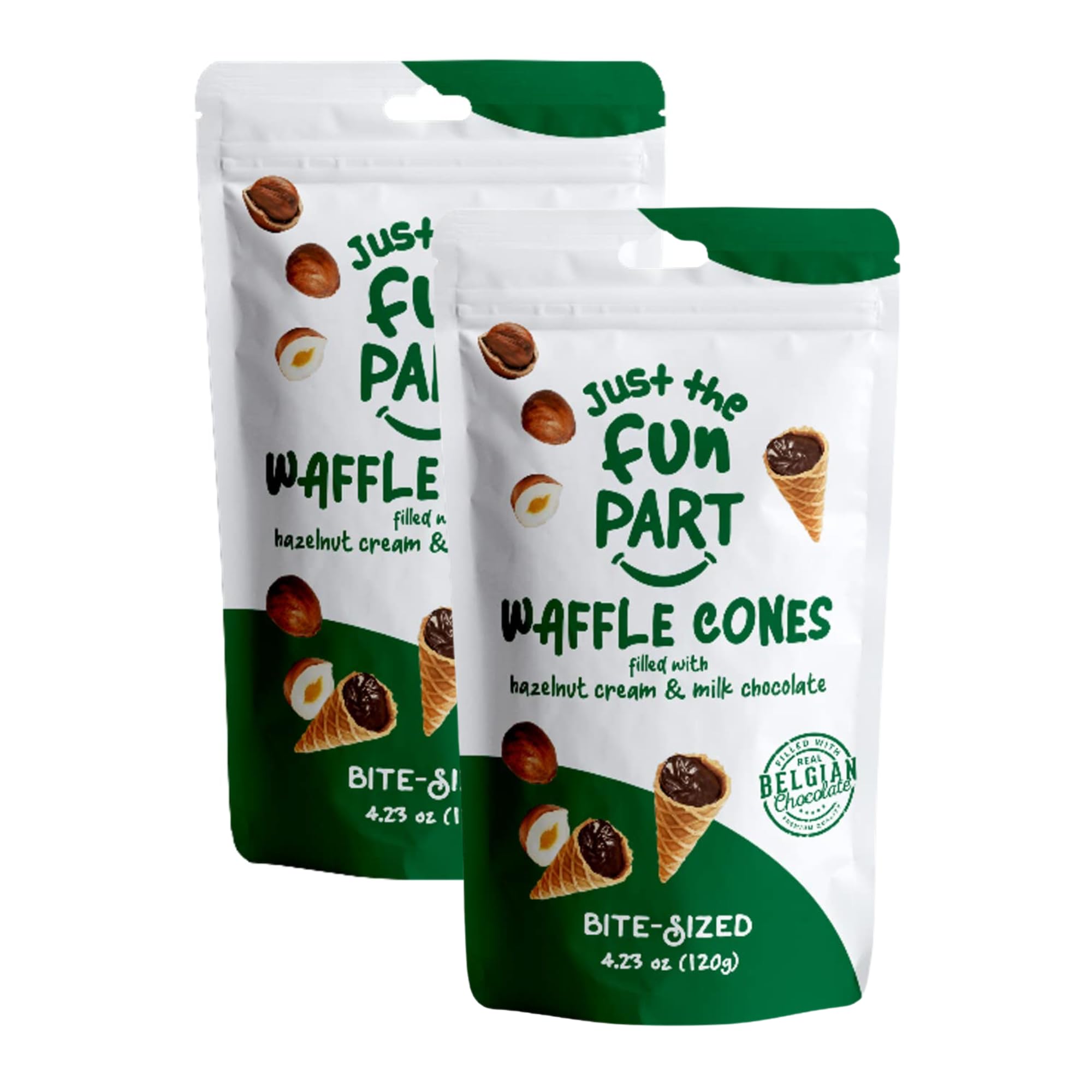 Just The Fun Part | Bite-Size Crispy Mini Waffle Cones | Filled With Premium Belgian Chocolate | Great For Snacks, Desserts, Grab & Go | Kosher | 4.23 Ounce (Pack of 2, Hazelnut Cream, Milk Chocolate)