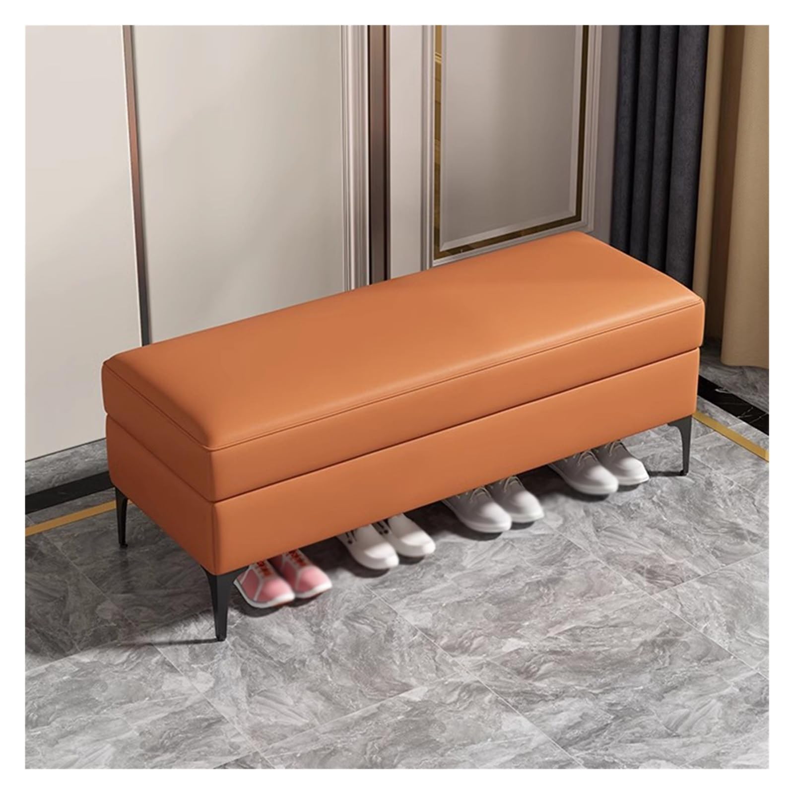 Banc de rangement orange 60 cm rembourré avec pieds en métal
