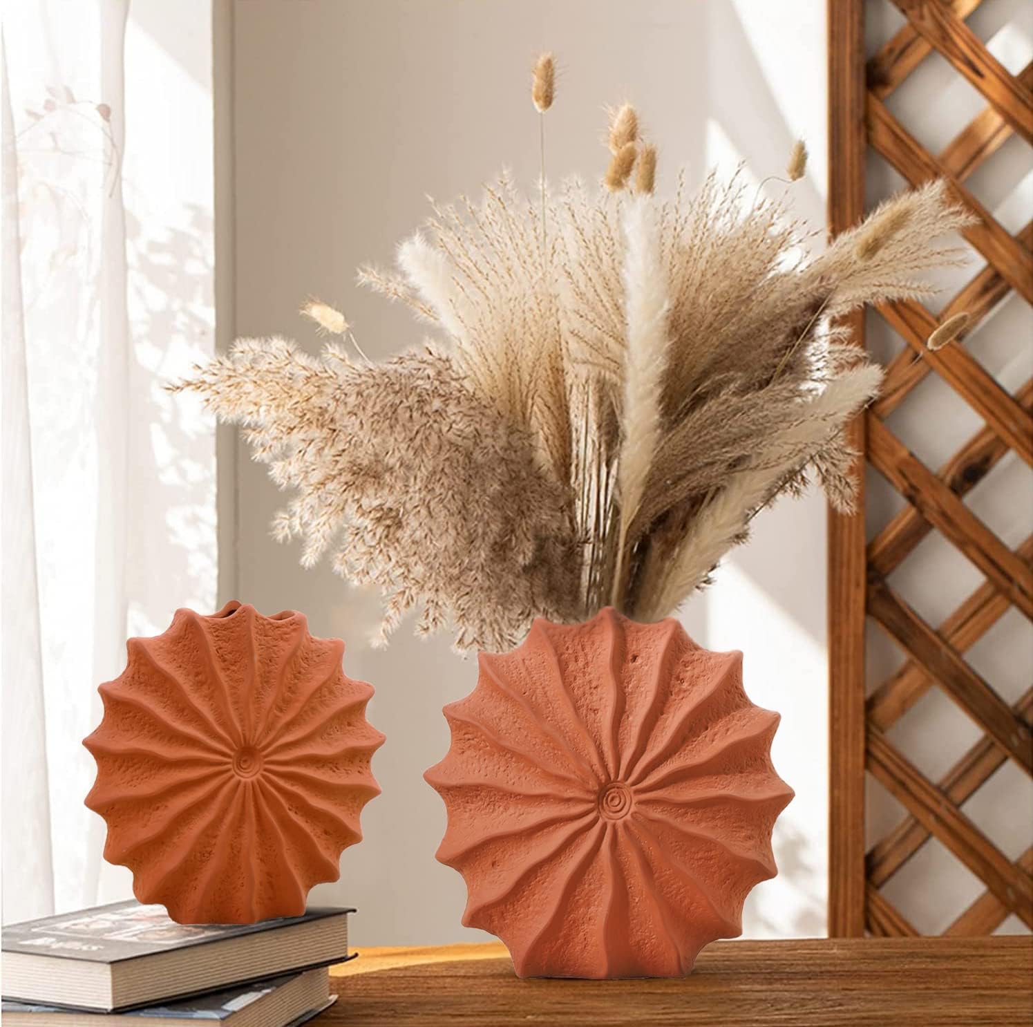 Windmill Ceramic Vase Set of 2, Terracotta Vases with Fall Decor for Flowers, Table Centerpieces and Gifts, Pumpkin