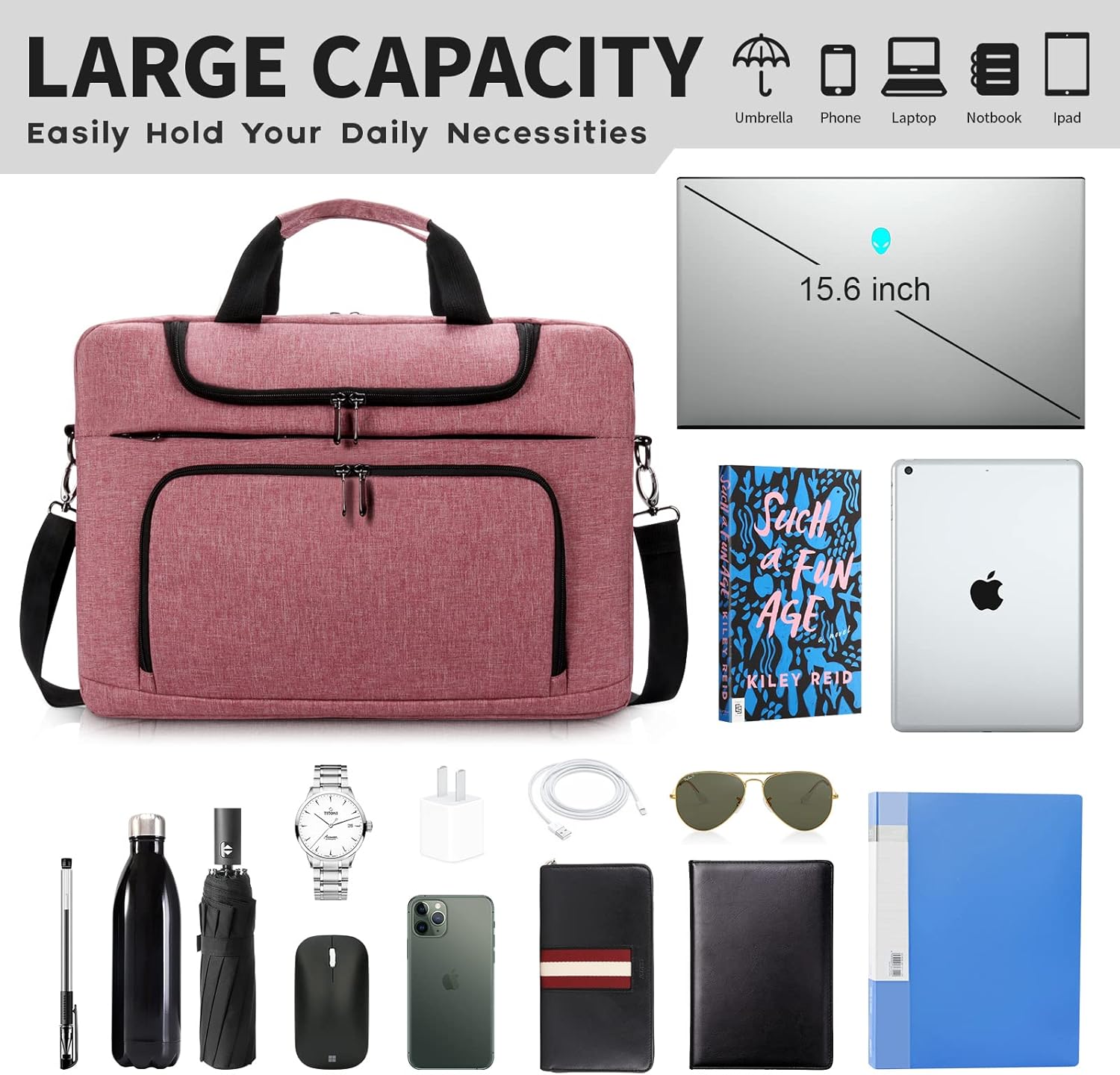 BERTASCHE Laptop Bag 15.6 inch for Women Computer Bag Laptop Case for Work Travel Business Briefcase w/Shoulder Strap,Rose Red