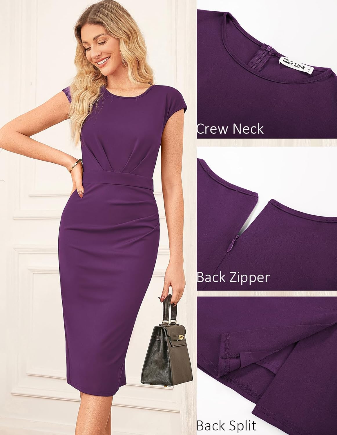 GRACE KARIN Women's Wear to Work Dresses 2026 Cap Sleeve Sheath Bodycon Midi Dress Ruched Business Office Pencil Dress - Image 4