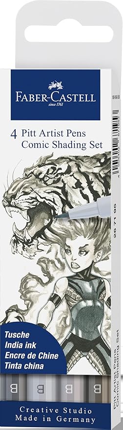 FABER-CASTELL 267195 – Tuschestifte Pitt Artist Pen Brush, Comic Shading Set, 4 Stück, Pinselstifte Set