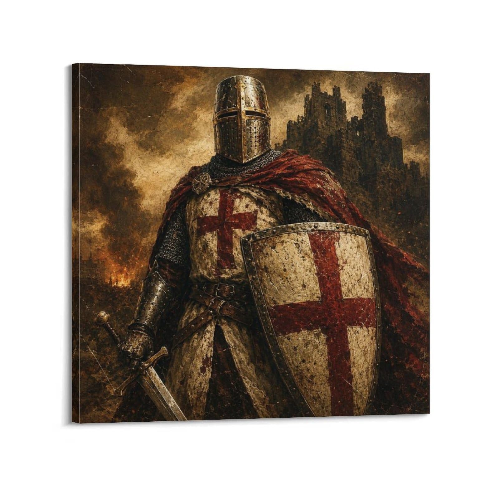 XKUGA Templar Knight Retro Gothic Poster Fortress Medieval Armor Modern Decorative Canvas Prints - Ideal Wall Art for Family, Man Cave, Game Room, Boys & Girls Bedroom 12x12inch(30x30cm)