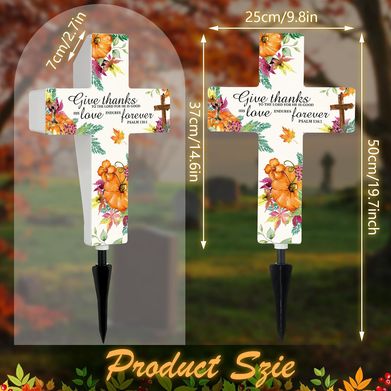 Yousoontic Thanksgiving Fall Solar Stake Lights Outdoor Garden Autumn Cross Yard Sign Garden Decor for Give Thanks to The Lord Harvest Yard Lawn Pathway Party
