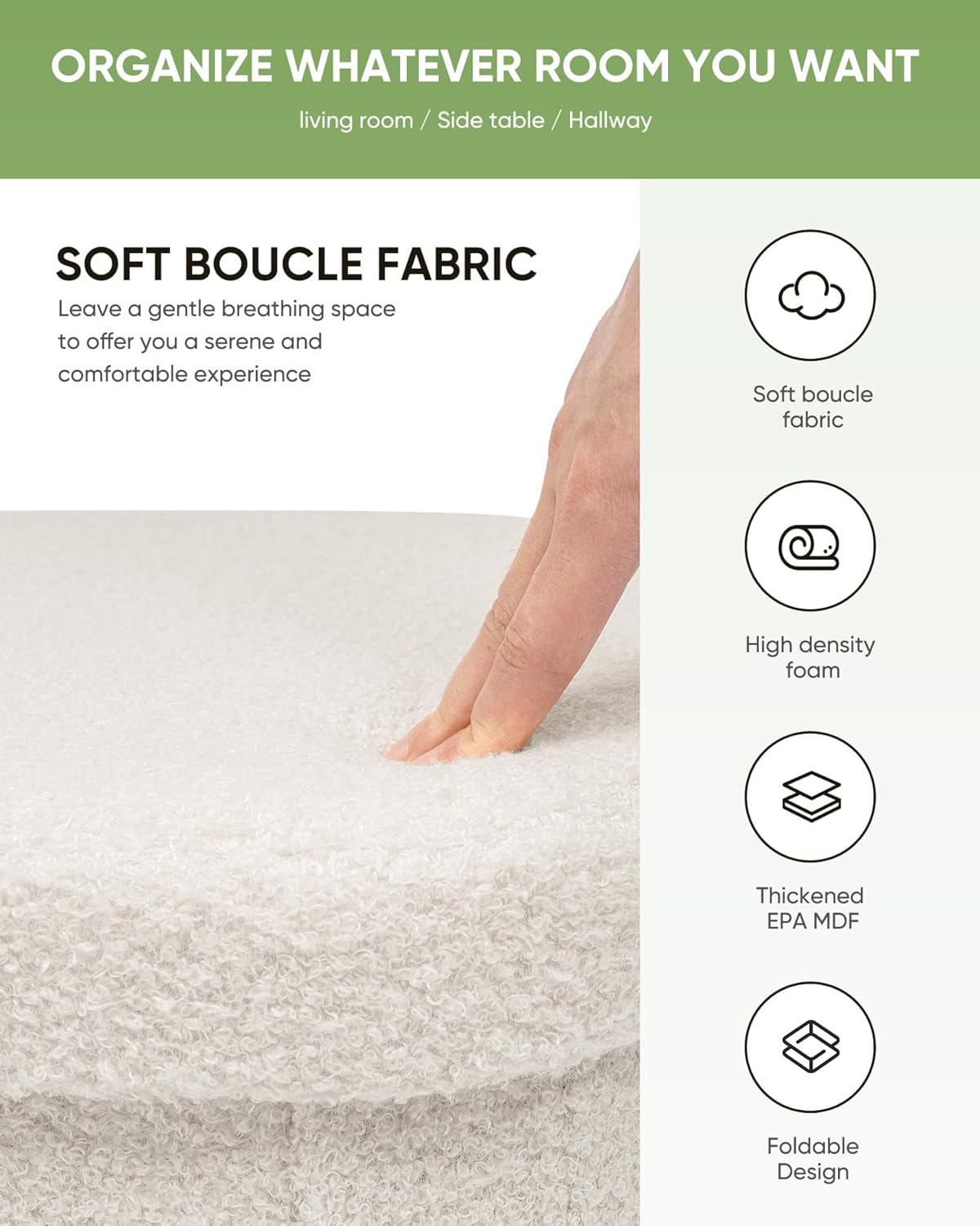 B FSOBEIIALEO Storage Ottoman Cube, Round Ottomans with Storage Foot Stool Footrest for Lving Room, Boucle Ottoman Seat for Dorm Room,Faux Teddy Fur, White 15"x15"x13.19" - Image 6