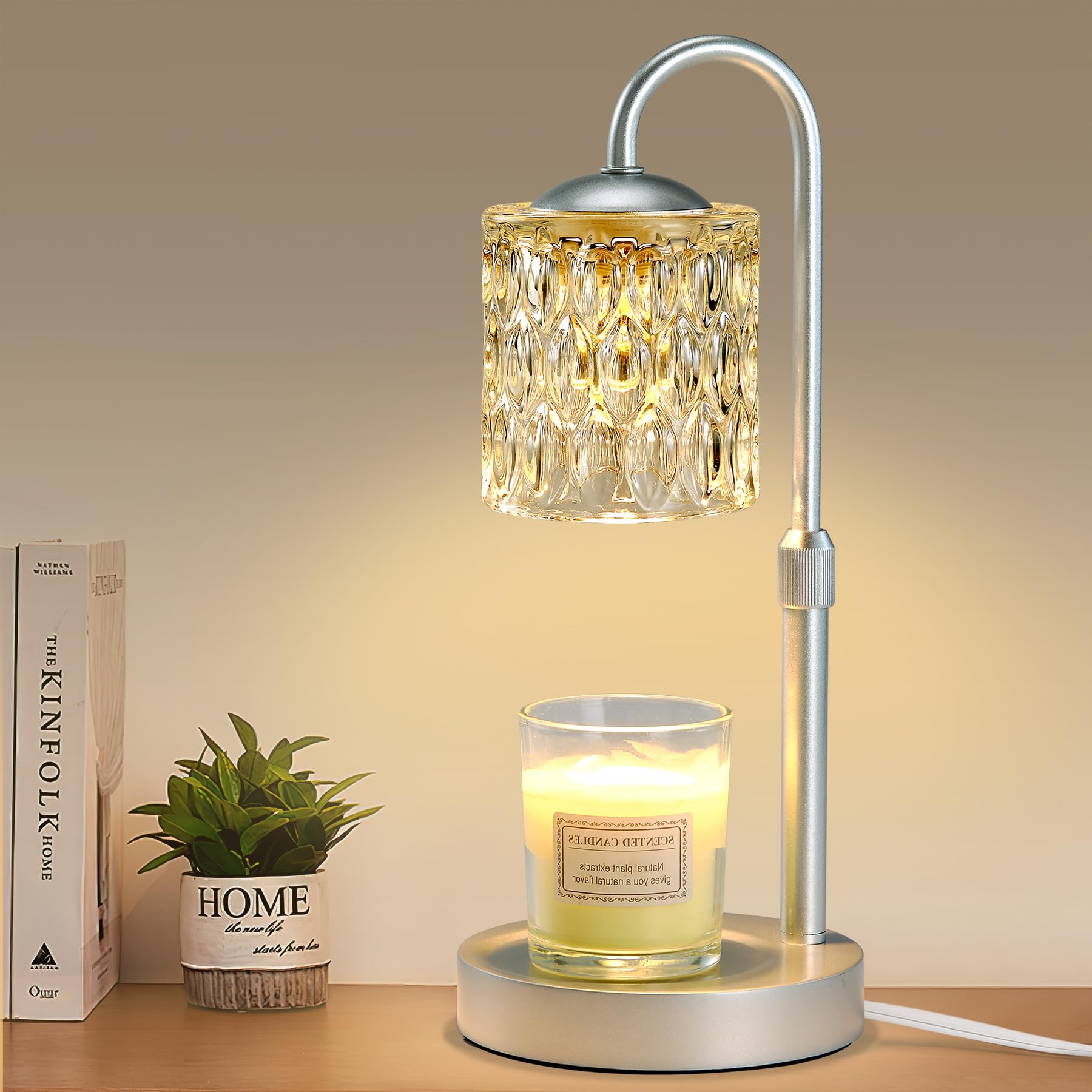 Briever candle warmer lamp with silver pole and wooden base