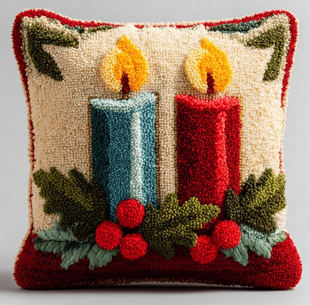 Kitquiver Latch Hook Cushion Kits Christmas Candles 43X43Cm Latch Hook Pillow Case Kits Embroidery,DIY Needlework Pillow Cover Sofa Cushion Rug Making for Adults and Beginner,Craft Home Decor