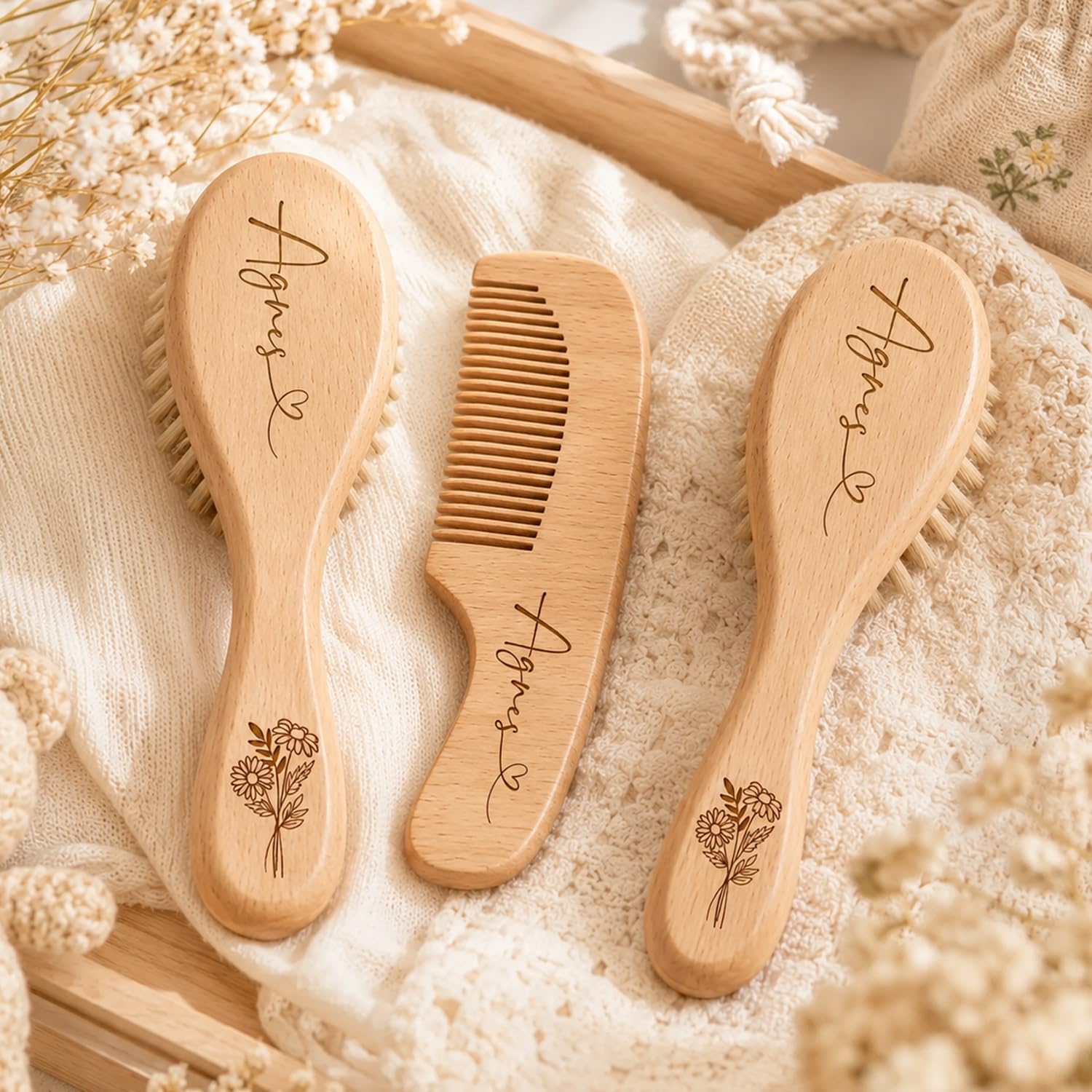 Personalized Baby Brush And Comb Set, Custom Engraved Name Wooden Infant Hair Brush With Soft Goat Bristles, Newborn Keepsake Gift For Boys & Girls