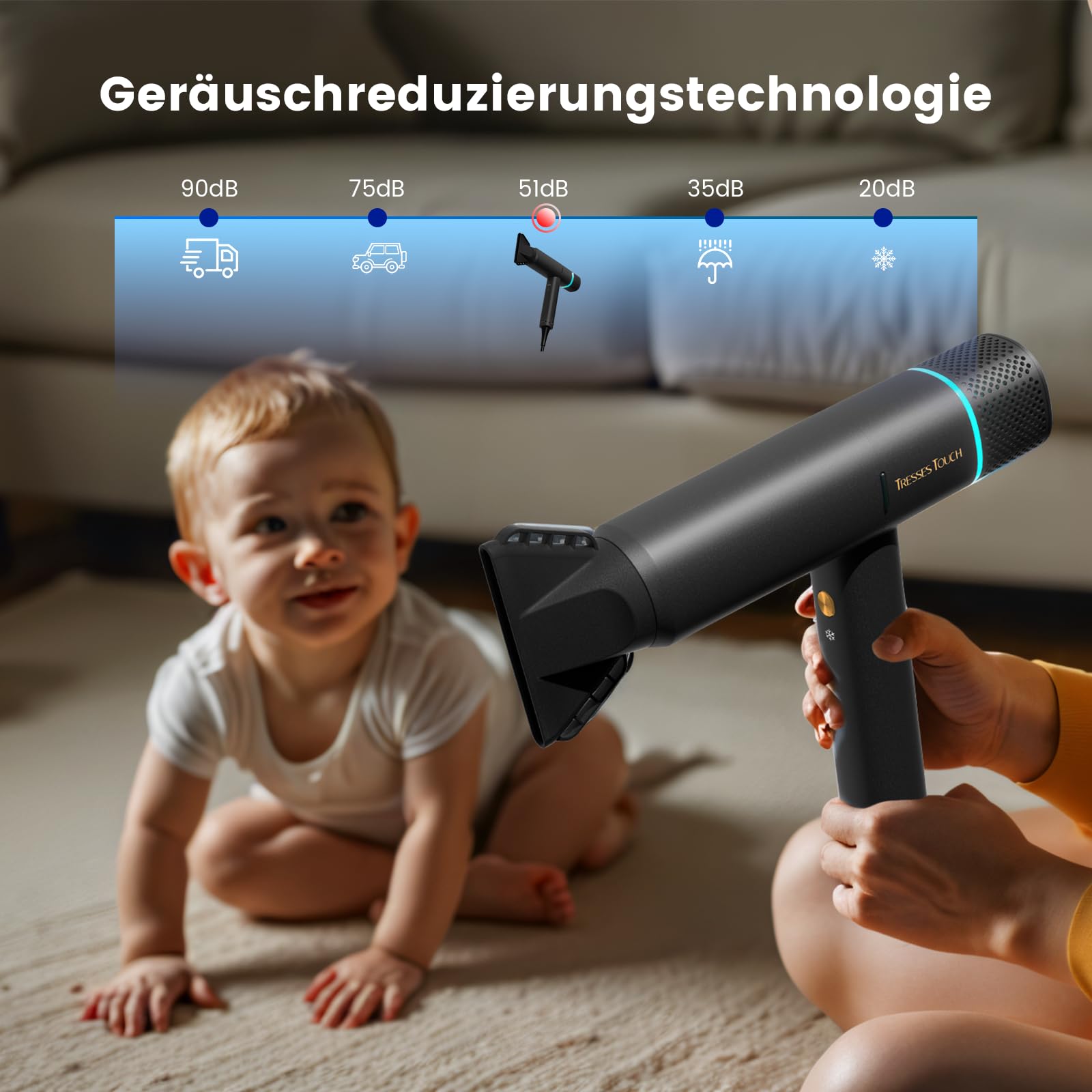 Föhn Ionen Haartrockner, 150000 U/min Fön mit Diffusor für Frauen & Männer, Schnelltrocknen mit 3 Temps/2 Geschwindigkeiten, Leicht für Heimreisen, Gleichmäßige Hitze, Geräuscharm, Schwarz