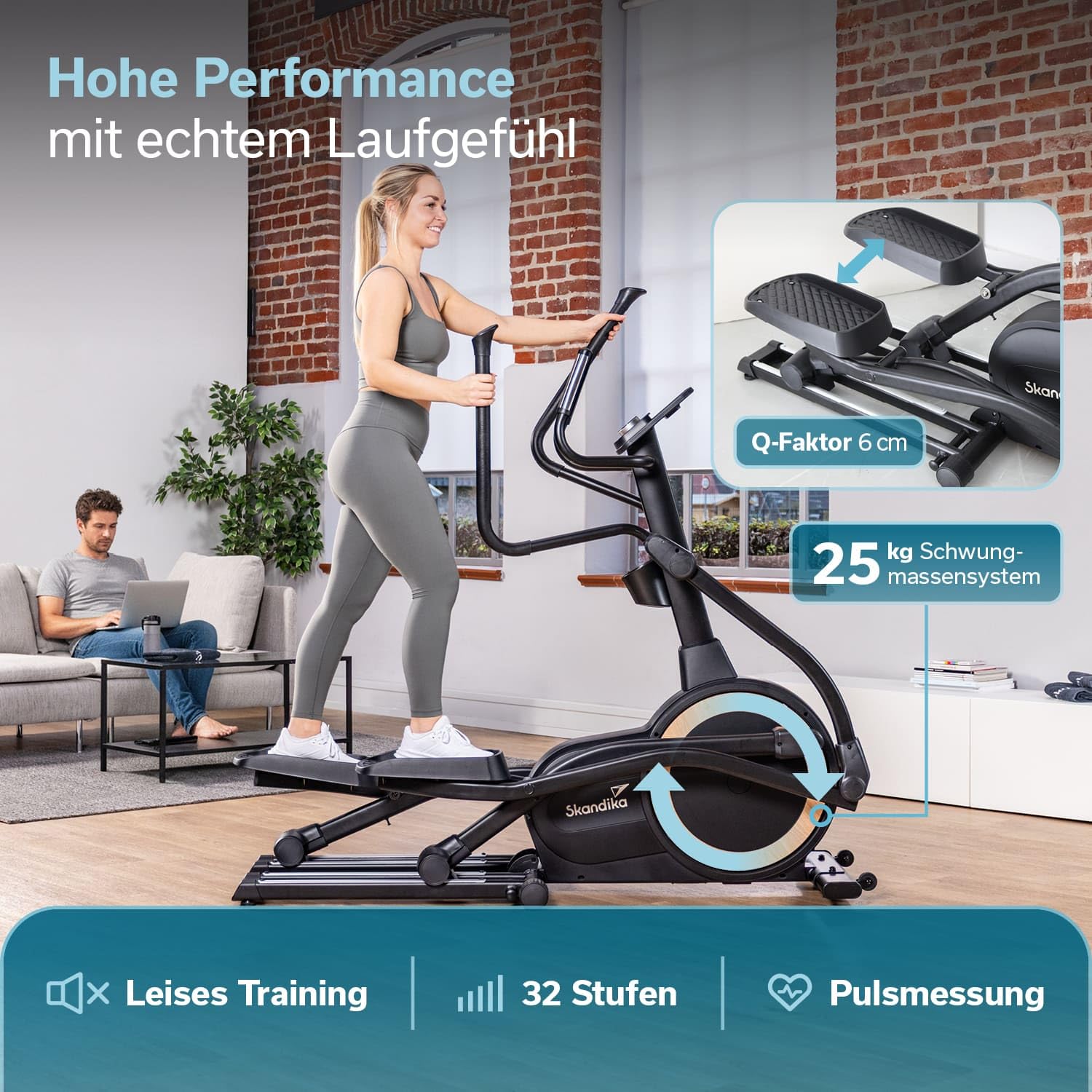 Skandika Crosstrainer für Zuhause Carbon P25-G, Crosstrainer klappbar, sehr leise, mit Generator verbraucht kein Strom, 32 Stufen, Kinomap App kompatibel, kompakt, Cardio, Ellipsentrainer Bis 150Kg
