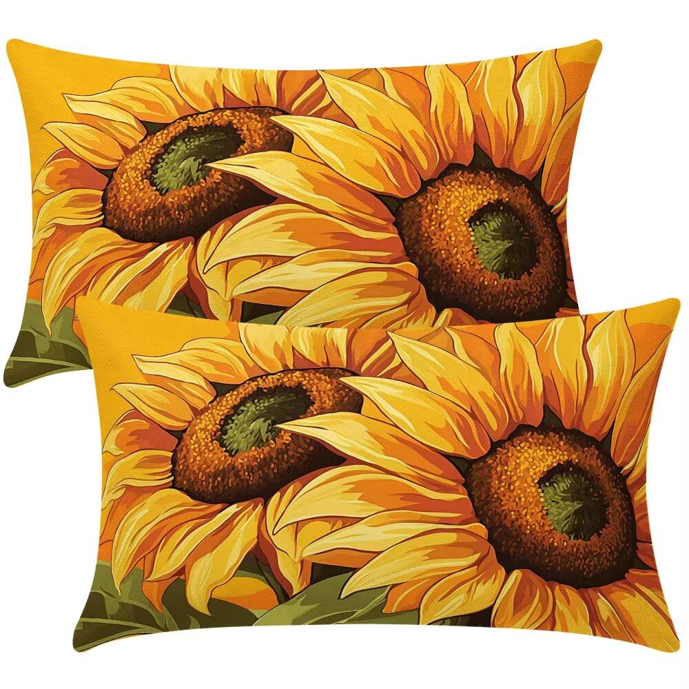 Cushion Covers 40cm x 70cm Yellow Cushion Cover 16 x 28 Inches Pack of 2 Throw Pillow Covers Sunflower Autumn Sofa Cushions Polyester Linen Pillowcases for Couch Living Room Bedroom Home Decor -SC399