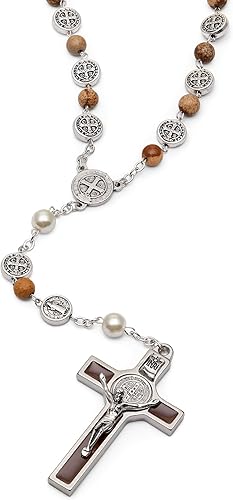 Miniatura 3 de Mondo Cattolico Rosario Perlas, Nuestro Padre Perlas Redondo Esmaltado Centro de Mesa y Crucifijo de San Benito - Rosarios Catolicos Rosario Collar
