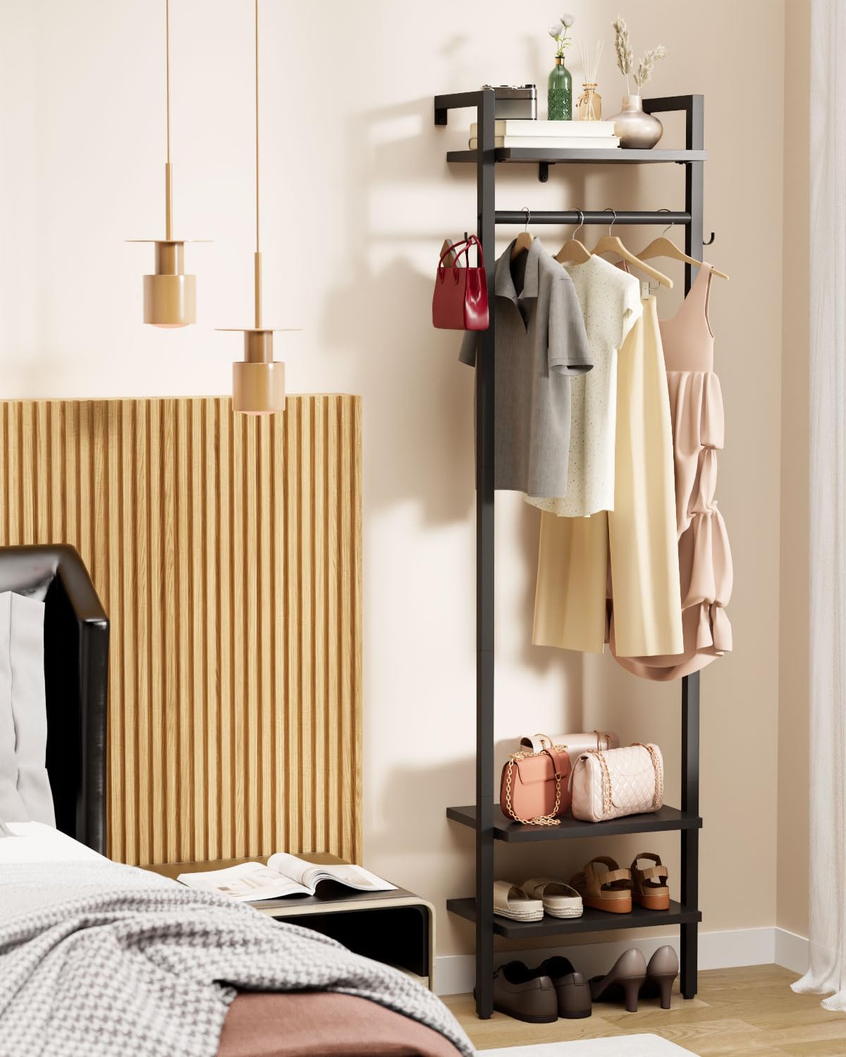 YMYNY Wandgarderoben mit Ablage, Garderobenständer, 180CM Kleiderständer, Freistehender hoher Schrankorganizer, Industrieller für Kleidung, Flur, Schlafzimmer, Schwarz HGR003B