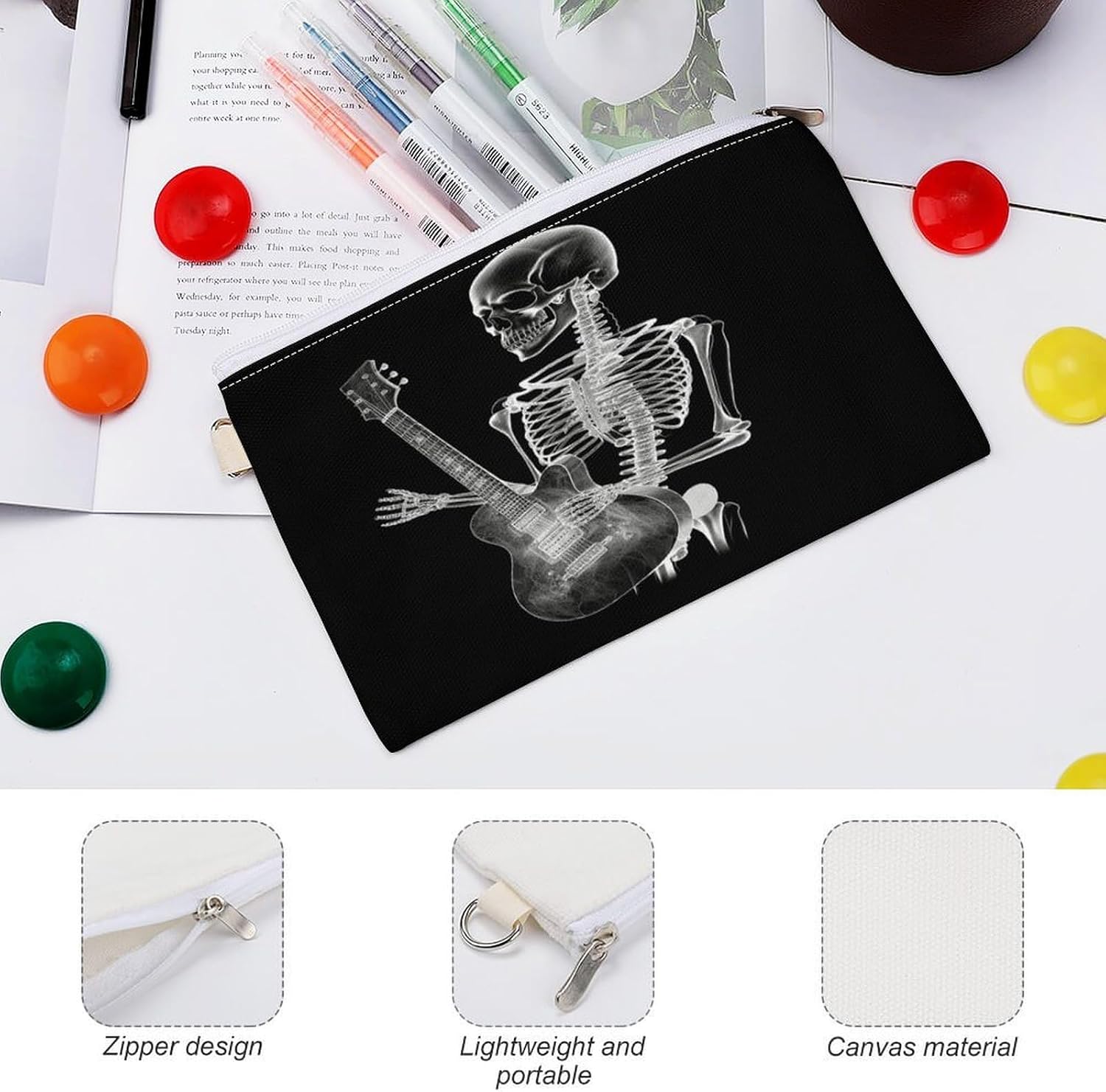 Abstract X-ray Skull Skeleton Playing Guitar Coin Purse,Travel Portable Keychain Wallet Canvas Coin Wallets Mini Zipper Tool Bag Lightweight Change Purse