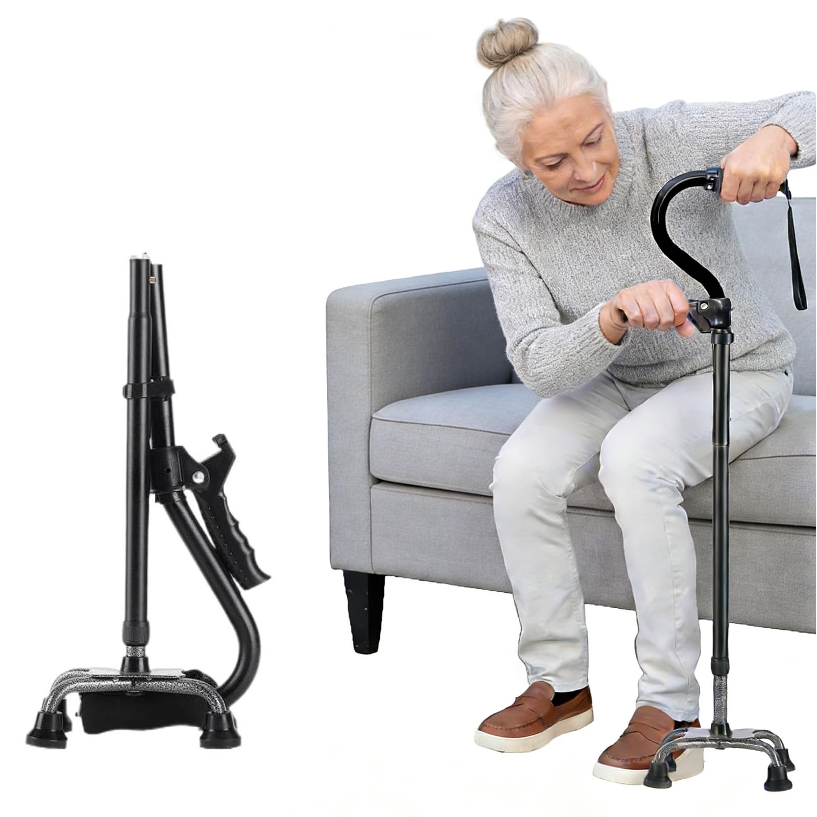 Regulowany laska z podwójnym uchwytem, 8 poziomów wysokości, składana, ergonomiczna, miękka rękojeść, czteronożny kijek dla seniorów i dorosłych
