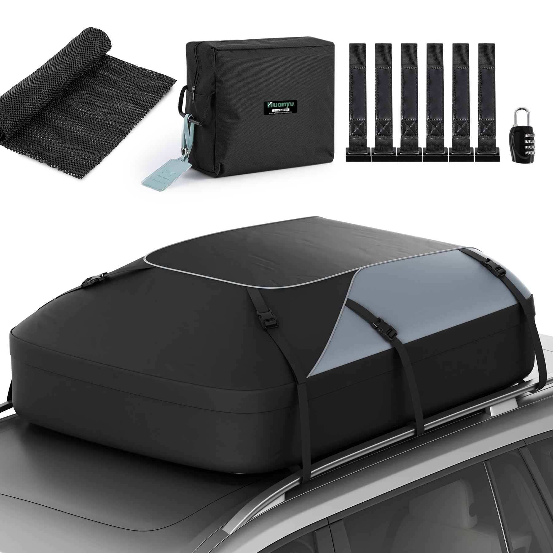 Huanyu Autodach Tasche 20 Kubik / 550L Autodachbox Wasserdichtes Dachzelt für Fahrzeuge Autodachzelt für Fahrzeuge mit oder ohne Autoträger Dachgepäckträger mit Anti-Rutsch-Matte und 6 Türhaken