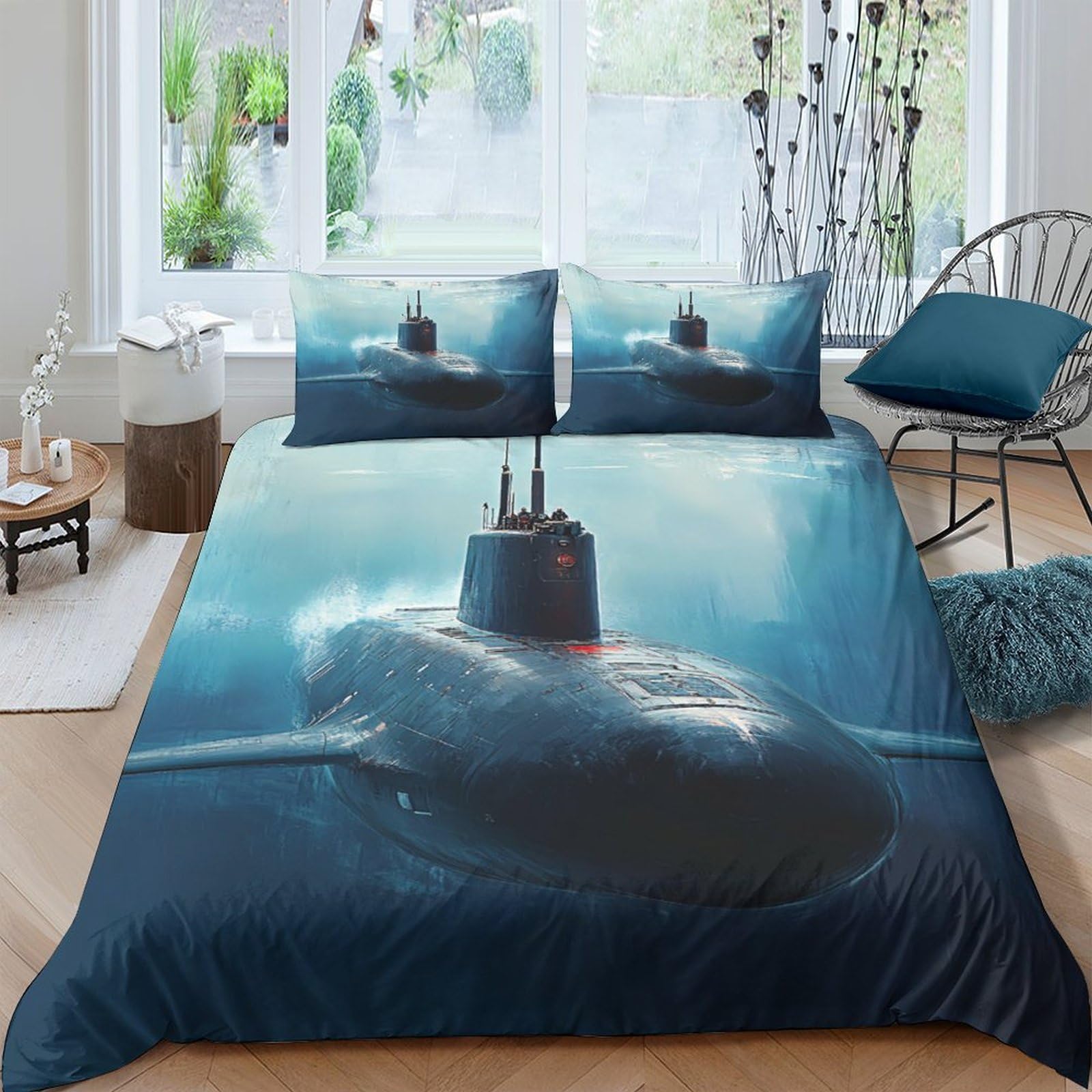Ctjqhvkz Style-10 3D Printed Submarine Ocean Fitted Sheet Microfiber Soft Blue Underwater Mattress Cover For Bedroom Dorm Decor Single（135X200cm）