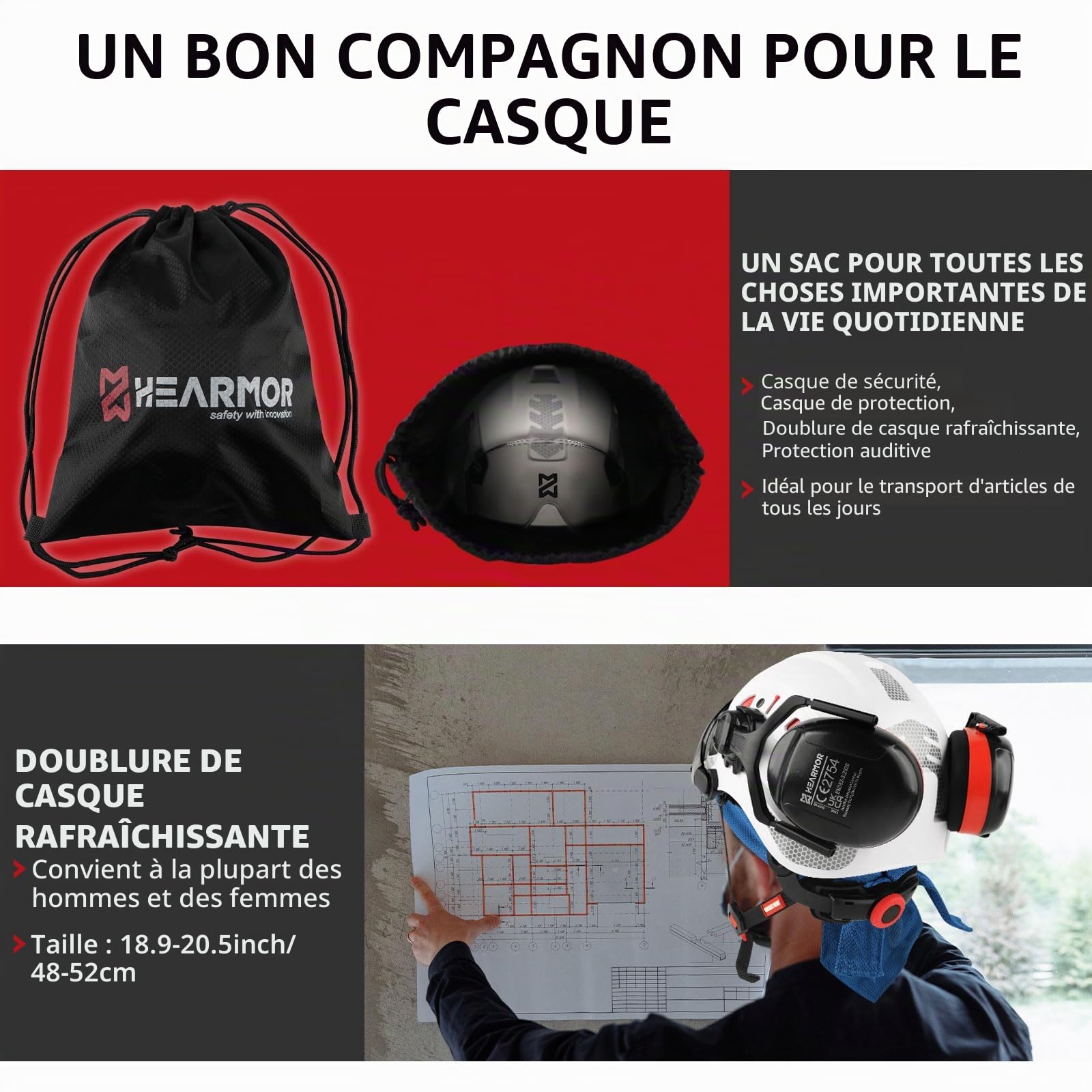 HEARMOR Casque de Protection avec Protection auditive et visière, certifié en 397, Casque de Travail ventilé, Suspension à 6 Points, idéal pour l'industrie et la Construction, Blanc