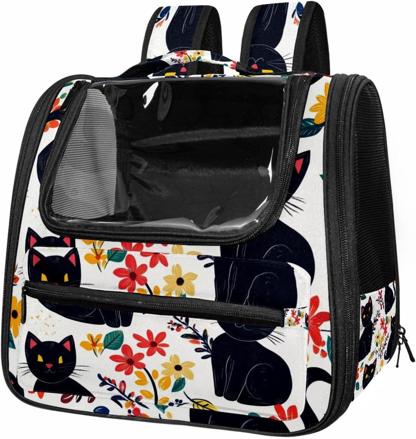 Cute Black Cats and Flowers (49) Cat Backpack Carrier, Large Pet Backpack for Medium Small Dog Cat Puppy Kitty Bunny