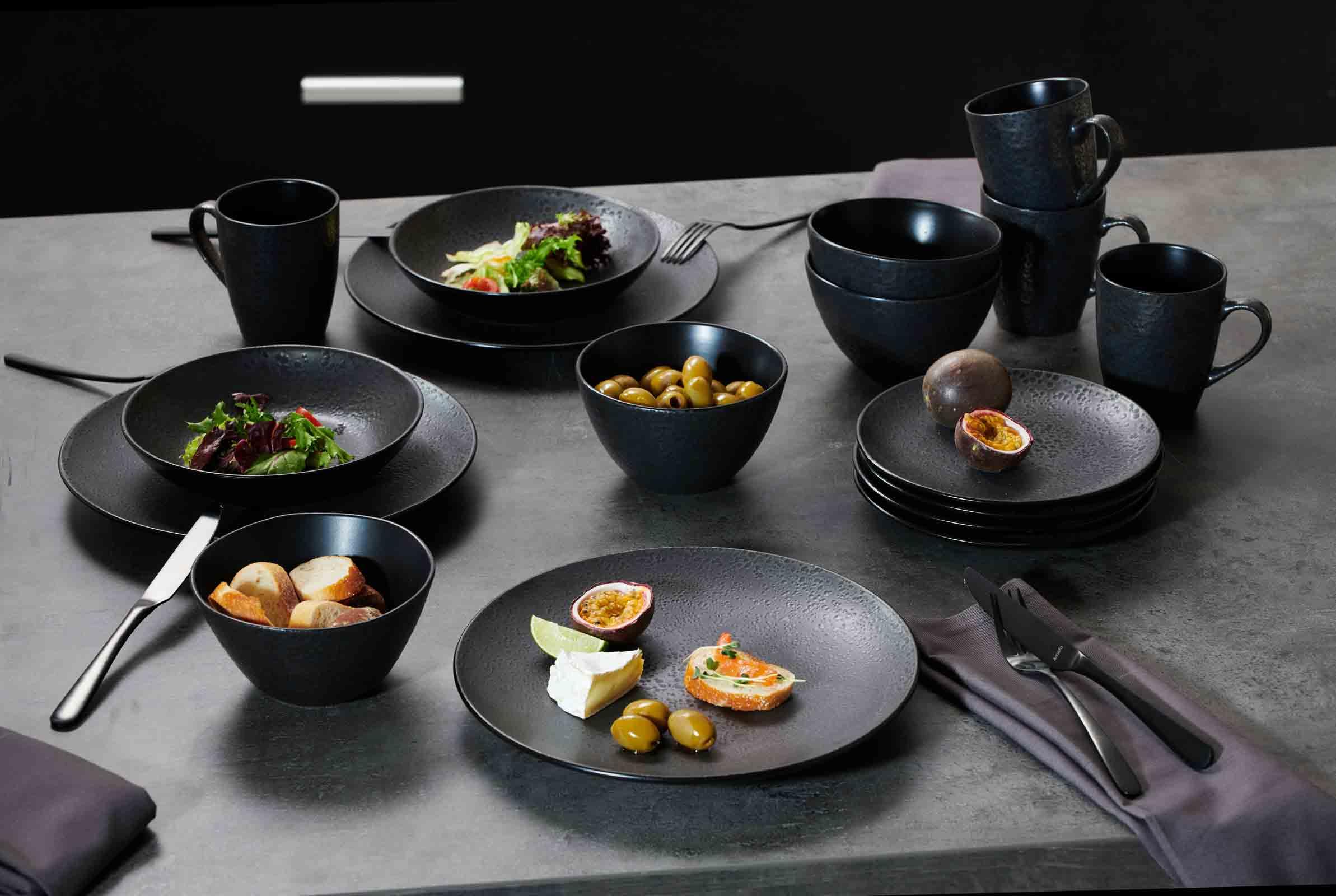 Ritzenhoff & Breker Kitwe Suppenschalen 6er Set, 20 cm, Tiefe Schalen mit matter Maserung, Unikate durch Reaktivglasur, Steingut, Schwarz