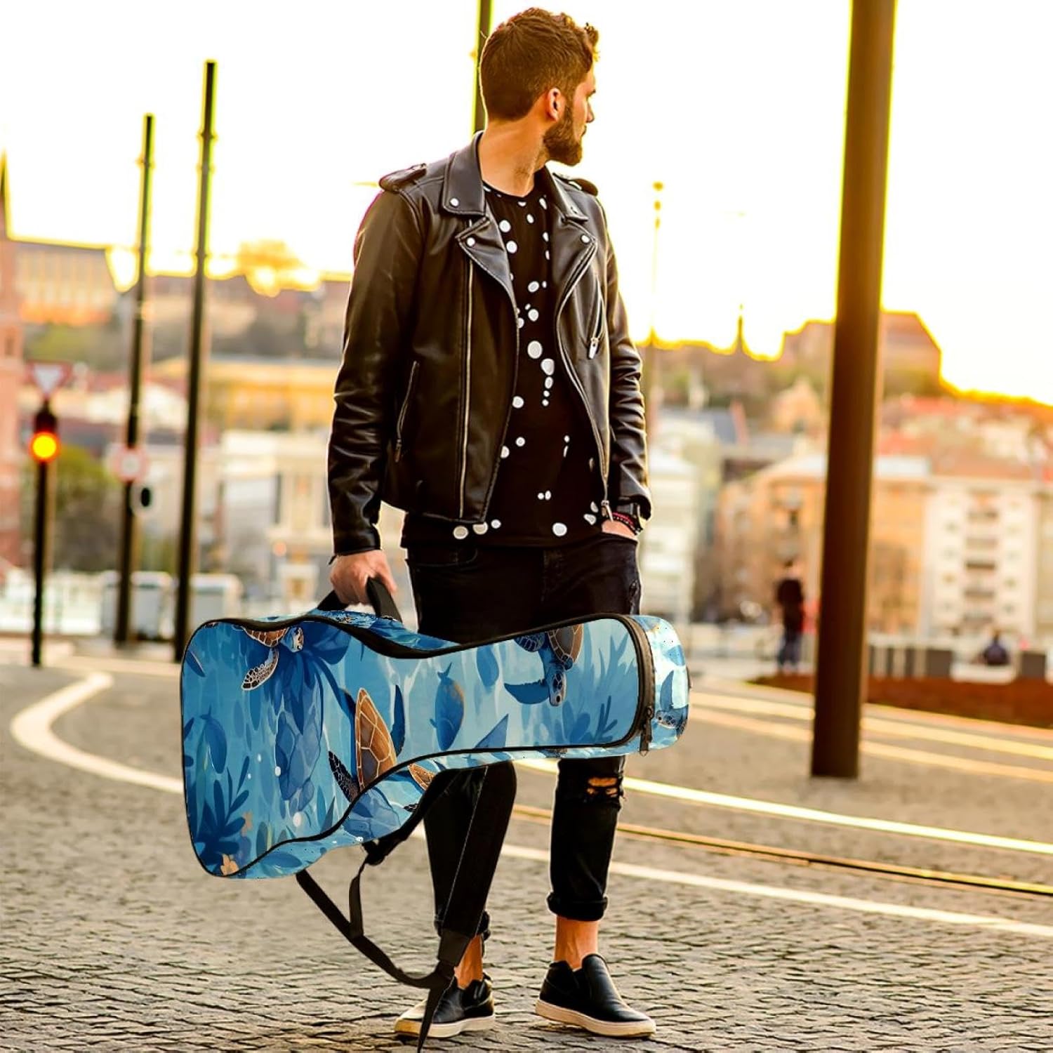 40/41/42-inch Ocean Turtle Acoustic Guitar Bag With Adjustable Shoulder Strap And 2 Storage Bags. Guitar Bag With Back Hanging Loop, Electric, and Classical Guitars