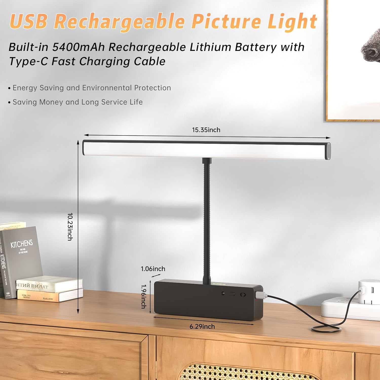 Bilderleuchte mit Fernbedienung Dimmbar und Timer Wandleuchten Kabellose Wiederaufladbare Batterie Wandlampen Akku LED Innen 360° Verstellbare Bilderlampe Wand Lampe 5W für Display Schwarz