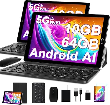 GOODTEL 2026 Tablet 10 Inch HD IPS 64GB ROM+2TB TF, Android, WiFi, Cores 2.0Ghz, Bluetooth, GMS Certified, AGPS, 6000mAh Battery, 8MP+5MP, OTG, Type C, with Case, Keyboard & Mouse -Black