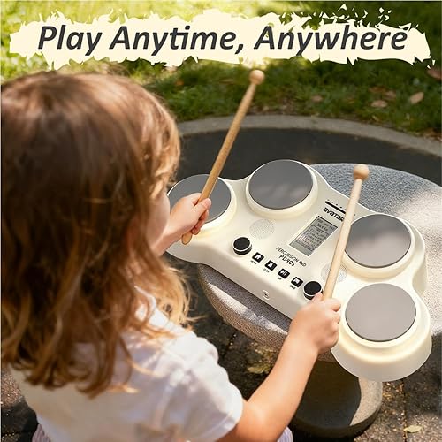 Miniatura 16 de PD405 Juego de batería eléctrica de mesa, con 163 sonidos de percusión, 4 almohadillas sensibles a la velocidad, 2 pedales y baquetas, regalo