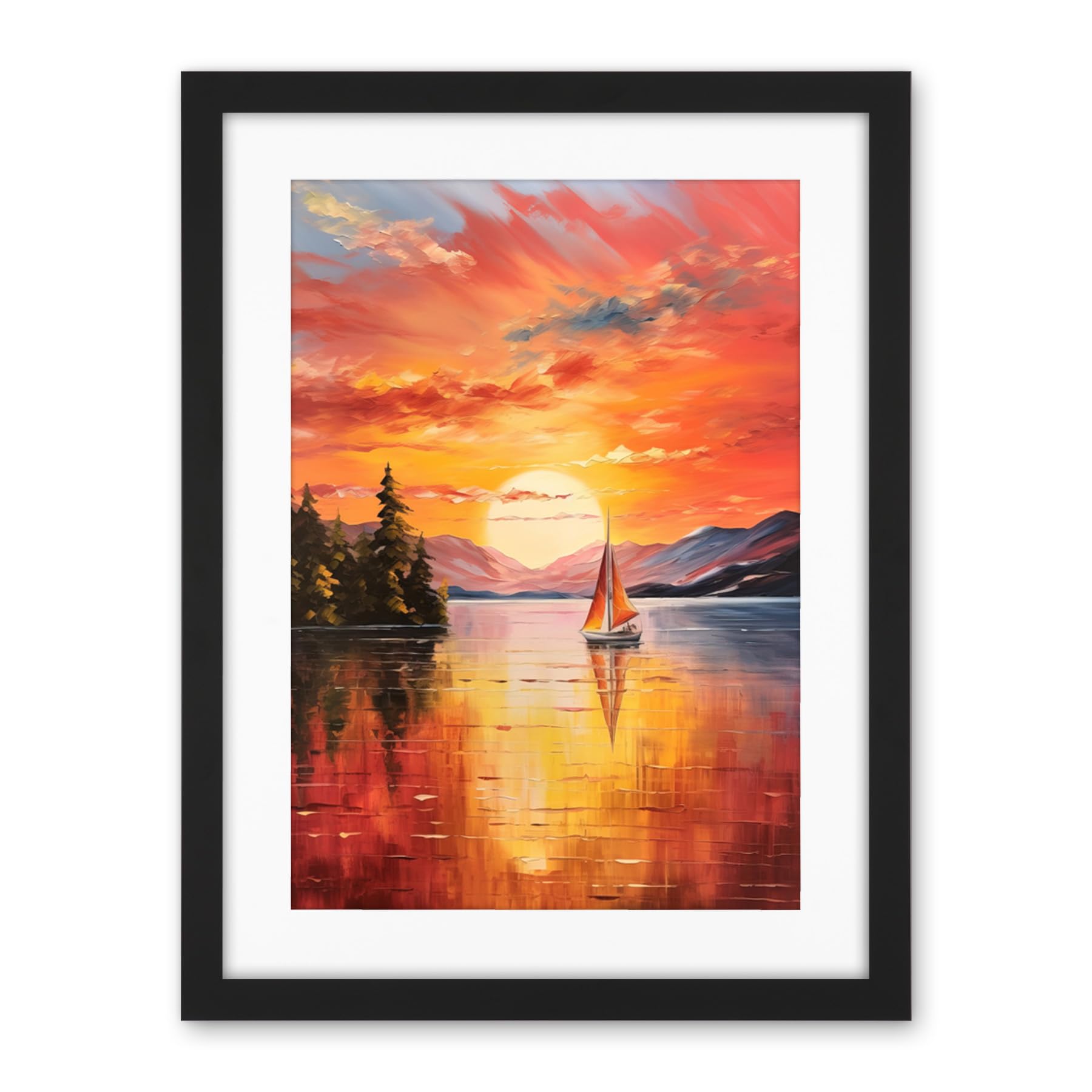 Artery8 Serene Lake Sunset Sailing Vibrant Oil Painting Sail Boat Lakeside Mountain Landscape Artwork Framed Wall Art Print 18X24 Inch