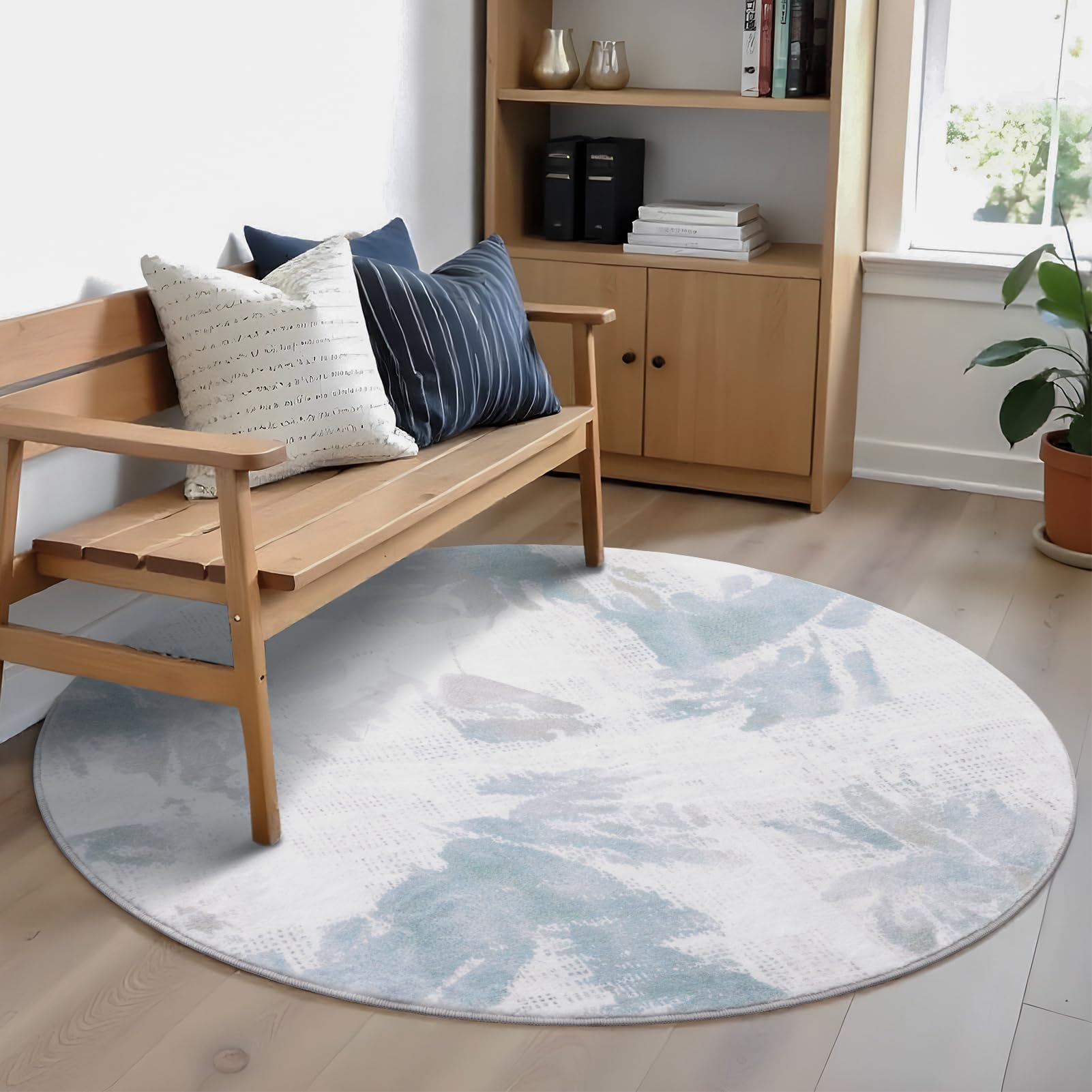 Carvapet Washable Round Area Rug 90cm/3ft Soft Fluffy Circle Carpet Rug Printed Short Pile Non Slip Floor Round Rugs for Entryway Living Room Bedroom(Haze Blue) - Image 2