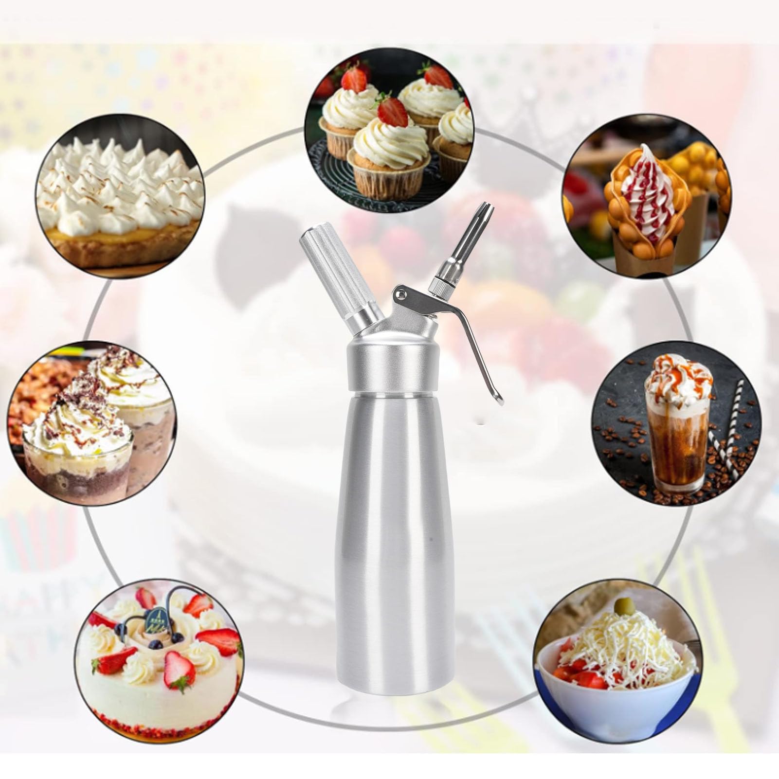 Fockety Sifone per panna montata, bomboletta professionale in alluminio 500 ml con 3 beccucci decorativi e spazzola per la pulizia, spruzzatore di panna per dessert