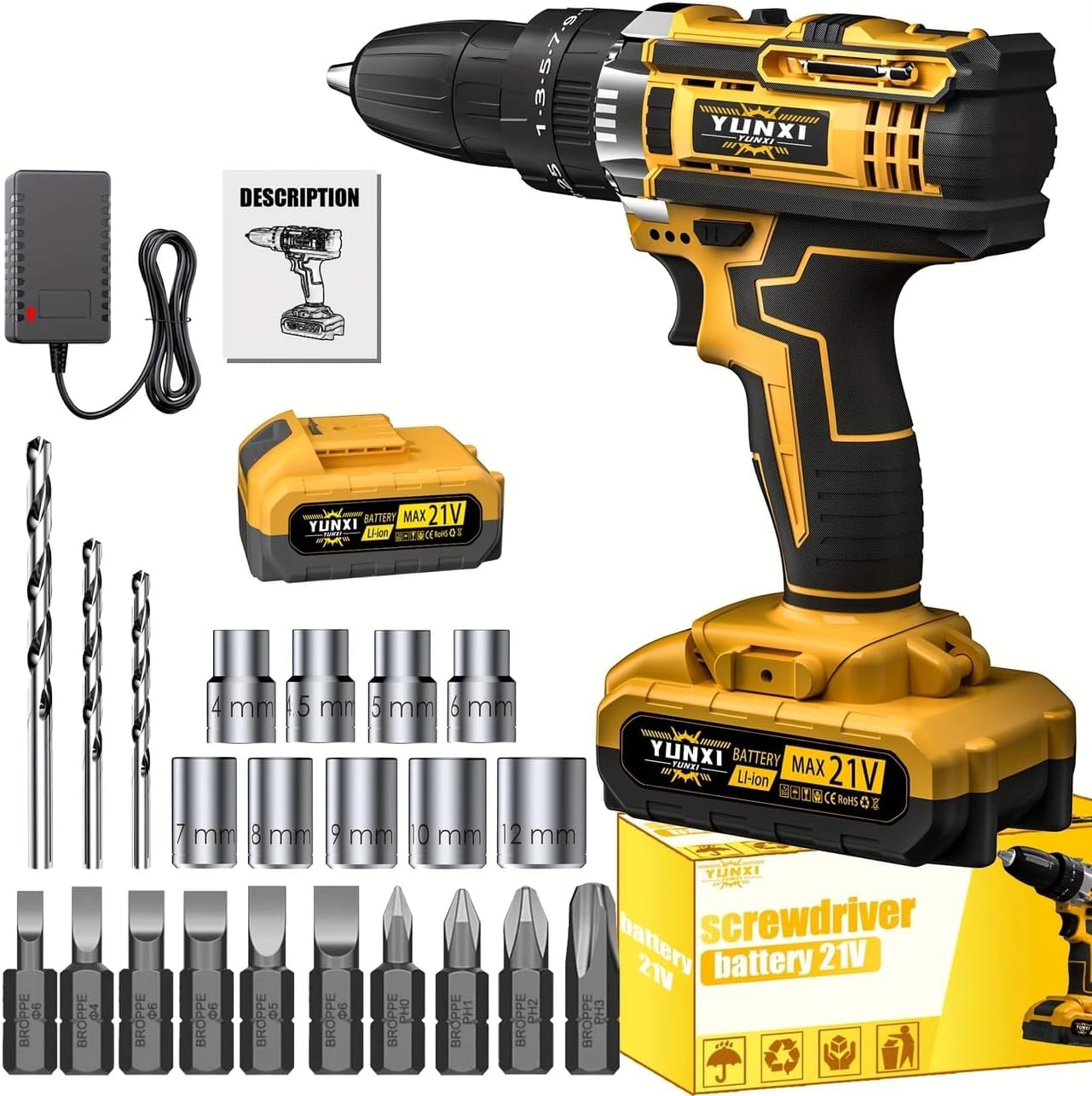21V cordless impact wrench cordless drilling tool kit, brushless electric impact gun drill bit, impact wrench drill bit, toolbox, charger (Lithium